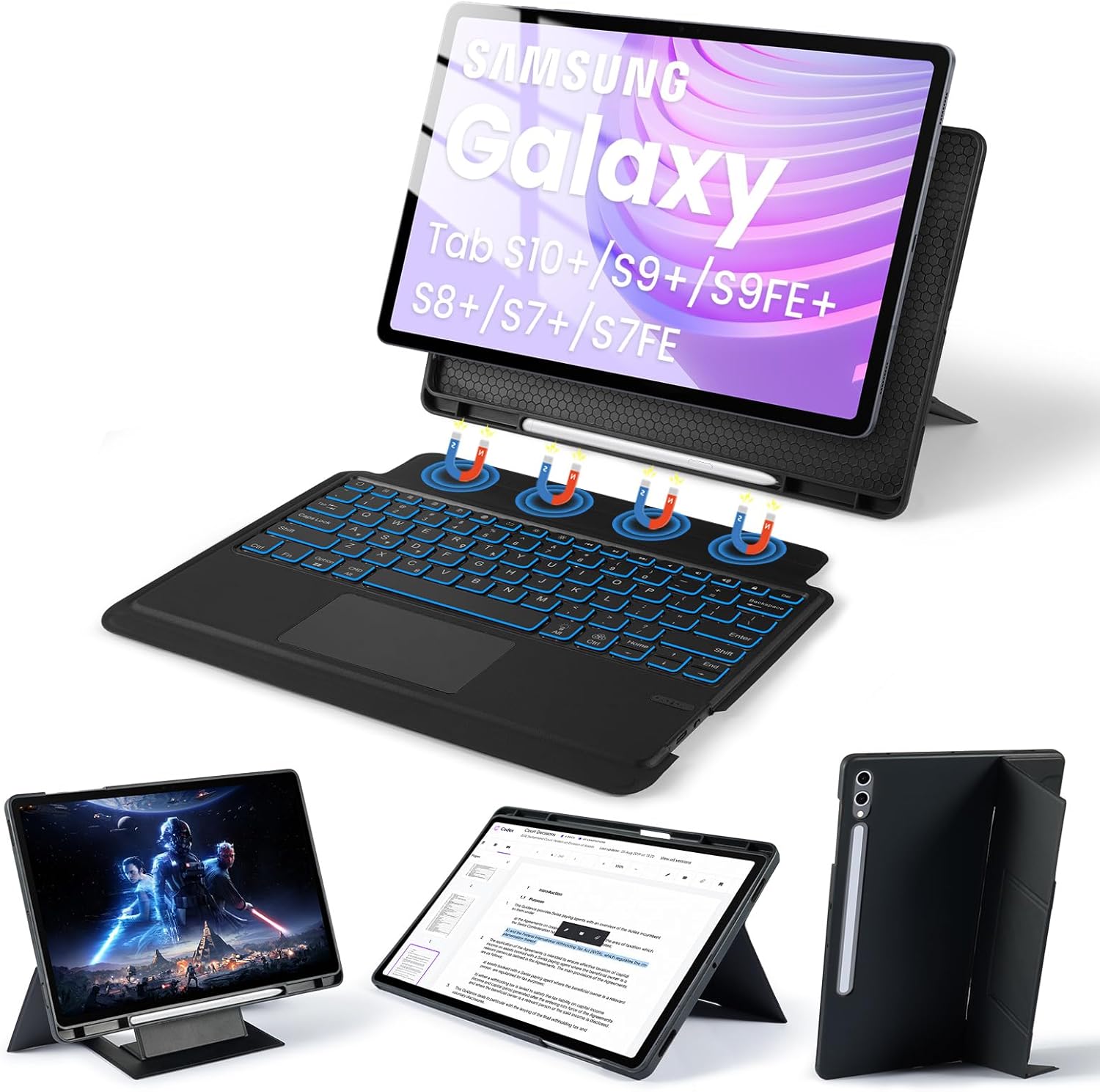 Trackpad Keyboard Case for Samsung Galaxy 12.4 inch S10 Plus/S9 FE+/S9+/S8+, 160° Adjustable Case with Keyboard for 12.4" S7 FE/S7 Plus, Magnetic-Rotatable-Detachable Keyboard, Portrait/Landscape, BK