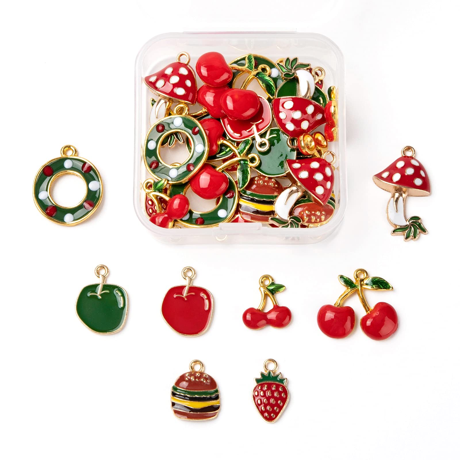 PandaHall 32pcs Christmas Enamel Charms Pendants Mushroom & Strawberry & Hamburger & Donut & Cherry Golden Plated Dangle Charms Beads for Necklace Earring Key Chains Jewelry Making