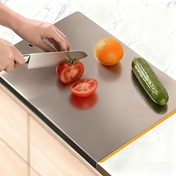 Large Stainless Steel Cutting Board with Lip for Kitchen, Chopping Boards with Orange Non-slip Mat, Cutting Board with Counter Lip for Meat, Fruits, Vegetables, Bread,Dough15.7" 11.8"