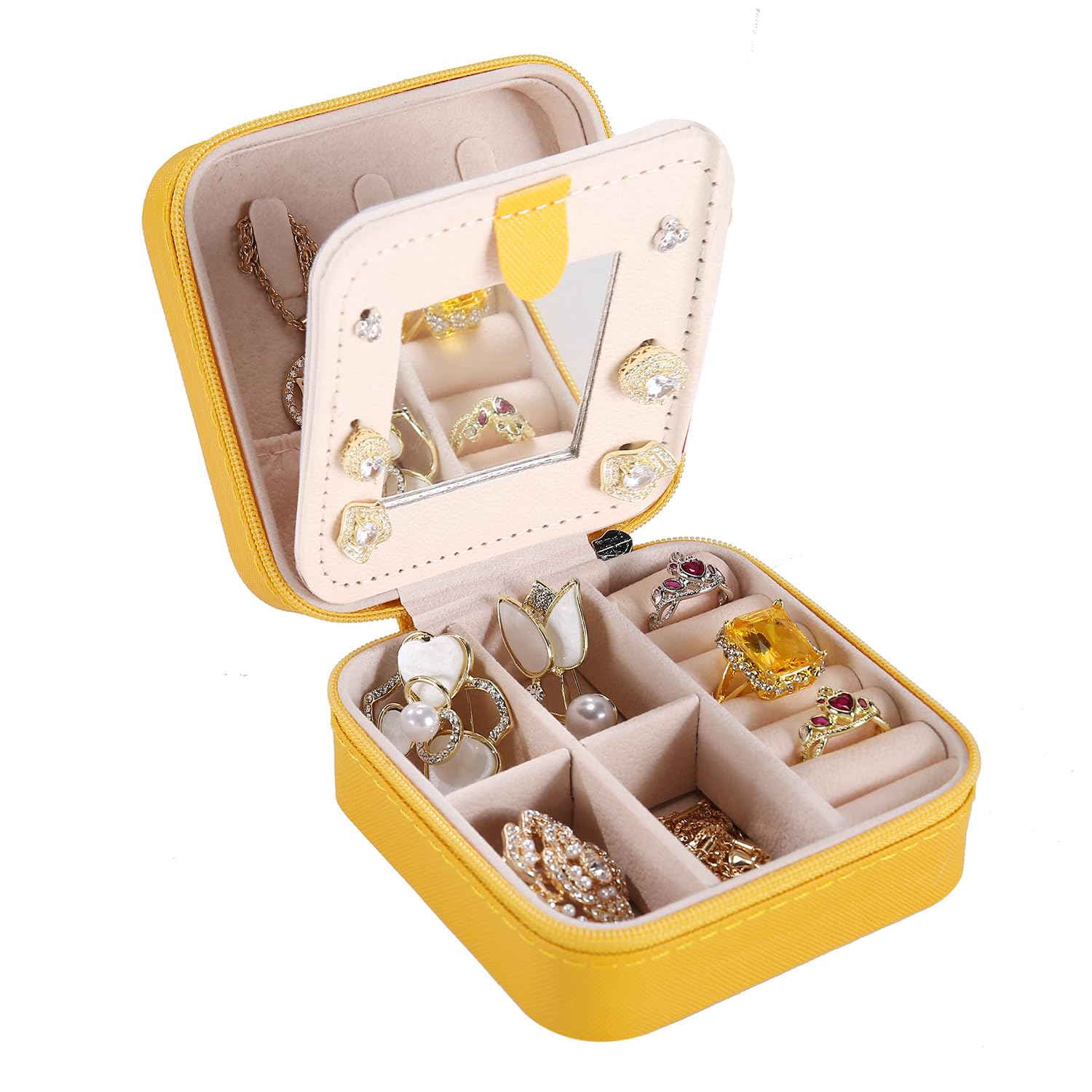 KElofoN Travel jewelry case Travel jewelry box Travel Jewelry Organizer Small Jewelry Organizer Box Gift for Girls Women with Mirror (Yellow)