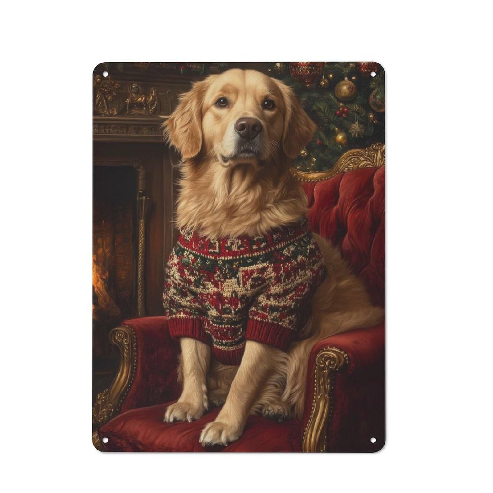 Junmoney Golden Retriever Christmas Portrait Warm Ch Rustic Tin Sign 40X30cm Featuring Ristmas Dog Art For Bar Or Restaurant, A Housewarming Gift For Bar Decor Enthusiasts