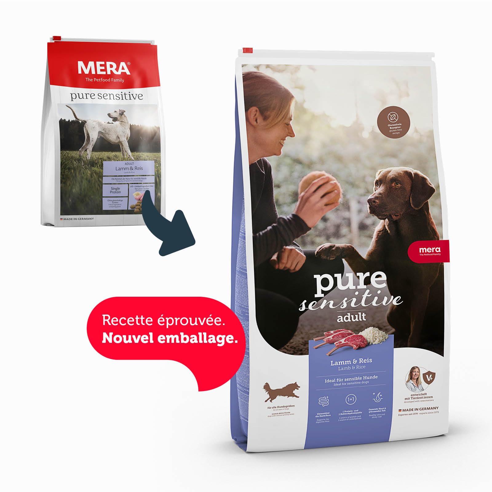 MERA Pure Sensitive Agneau & Riz, Nourriture sèche pour Chiens sensibles, croquettes d'agneau et de Riz, Nourriture pour Chiens Adultes, sans blé ni Sucre (12, 5 kg)