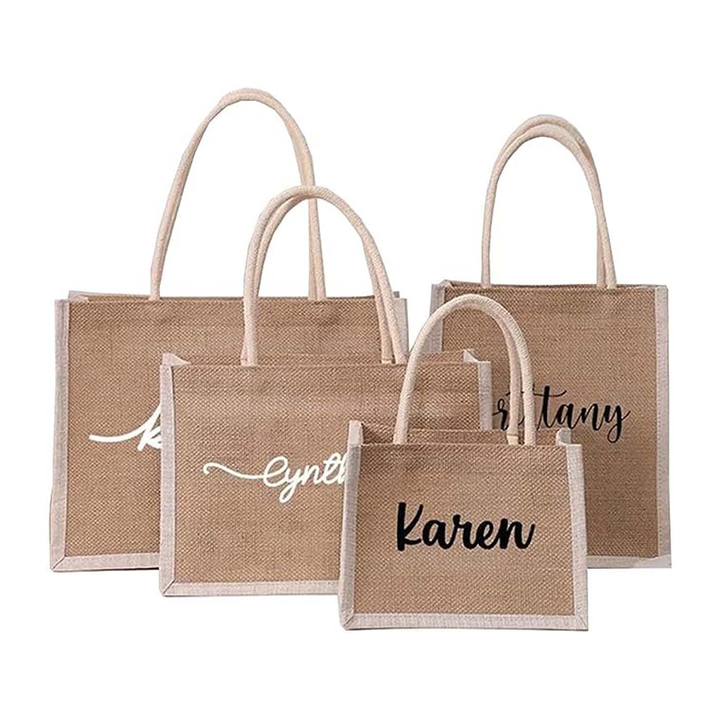 Lollory Personalized Jute Bag Tote Bags, Custom Name Burlap Bridesmaid Gift Bag Monogram Beach Hand Bag for Girl Reusable Grocery Bags Birthday