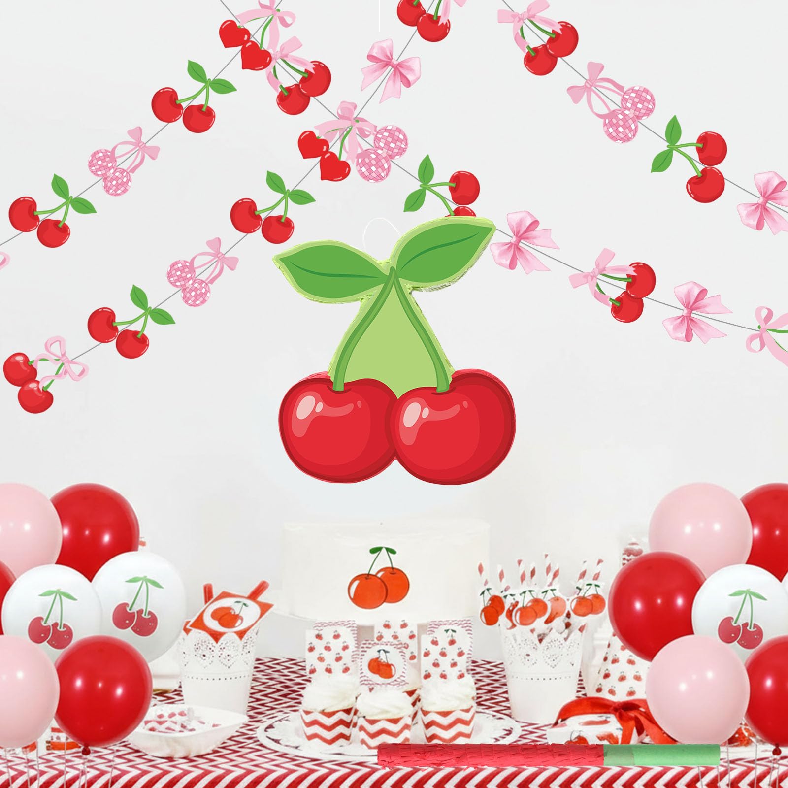 Capoda Piñata de cereza para niños y niñas, juegos de piñata con lazo verde, bayas, con palo, venda para los ojos, diseño de cerezas rojas mexicanas, cumpleaños, baby shower, fiesta, suministros de