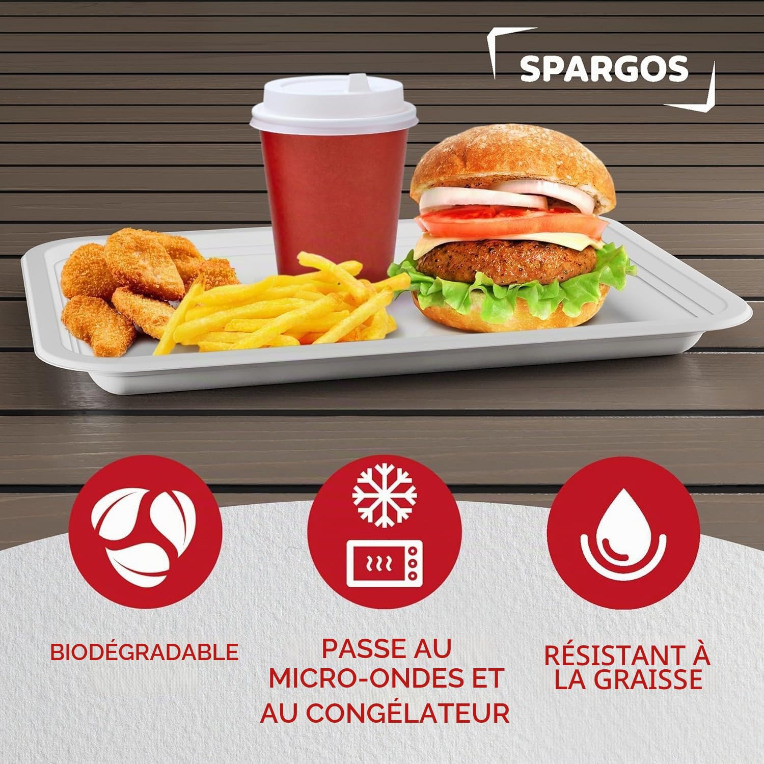 SPARGOS Plateau Repas 5 Compartiments Jetable - 100 Pack Canne à Sucre | 100 plateaux compartimentés 21,6 x 31,5 cm en canne à sucre, compostables, pour cantine, fête et buffet