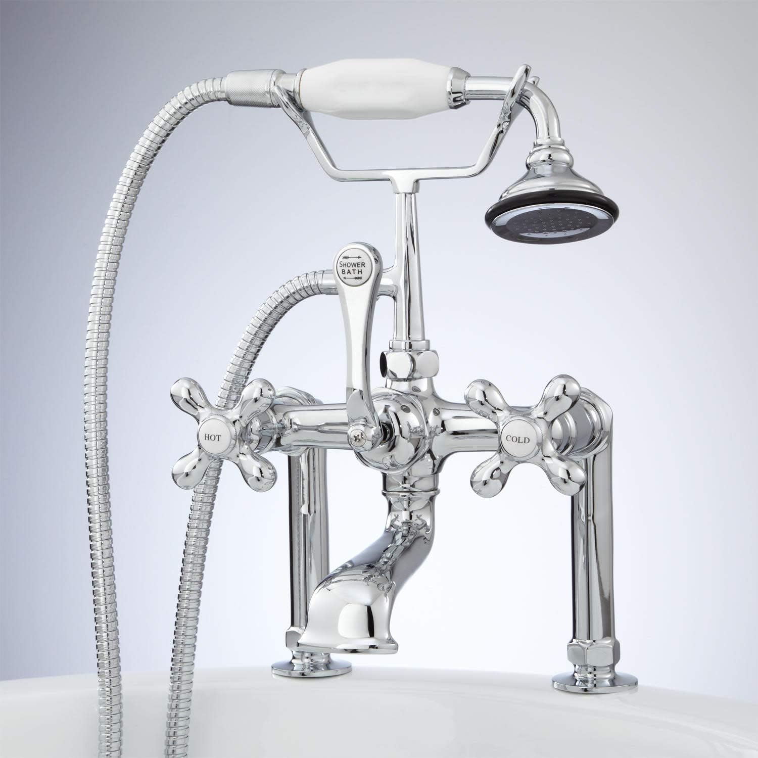 Signature Hardware 419393 Deck Mounted Roman Tub Filler with Cross Handles and 4" Deck Couplers- Includes Telephone Style Hand Shower - Chrome