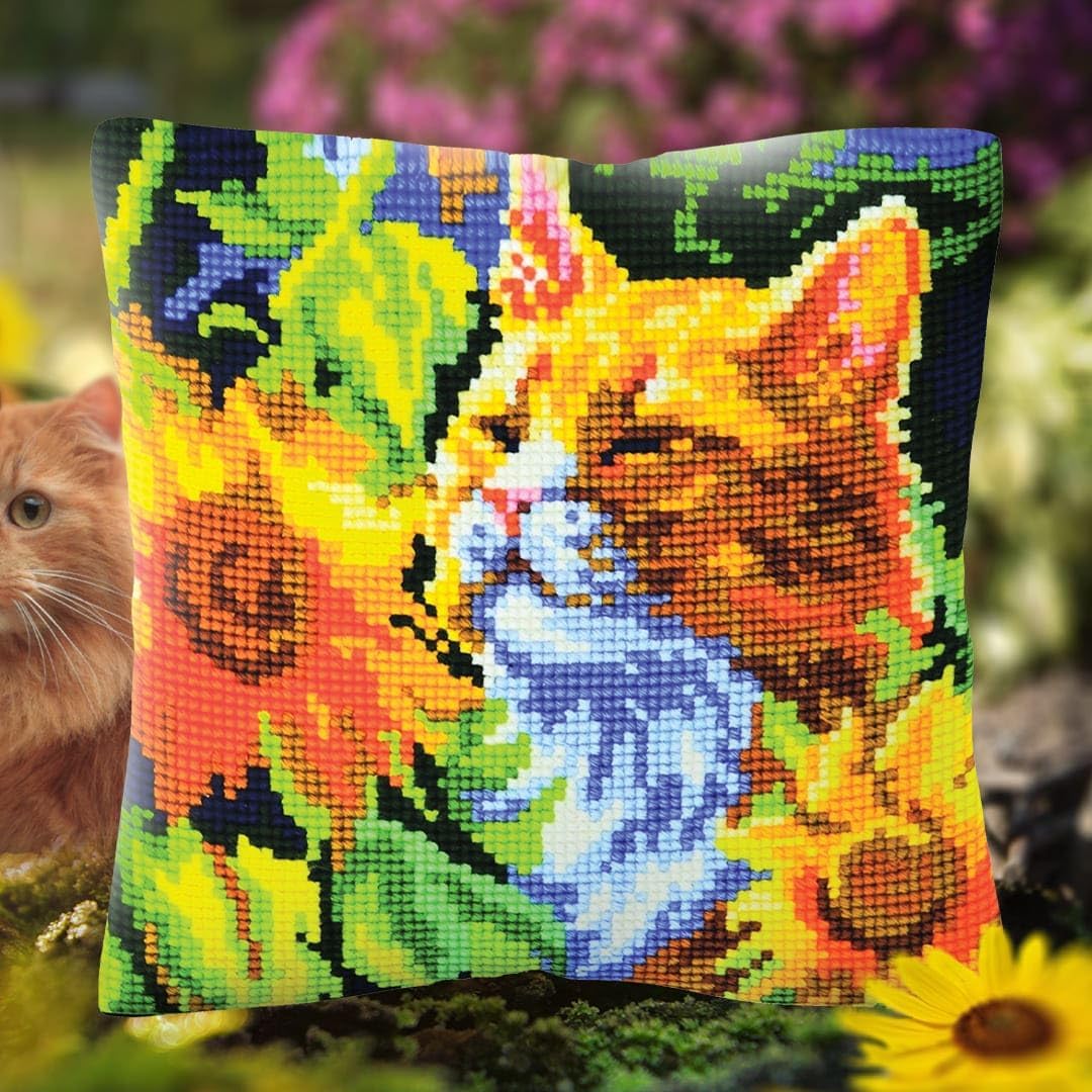 Collection D'Art Cushion Cross Stitch Stamped kit Needlepoint Cat in Sunflowers 5502, quickpoint Pillow Cover 40x40 cm / 16"x16"