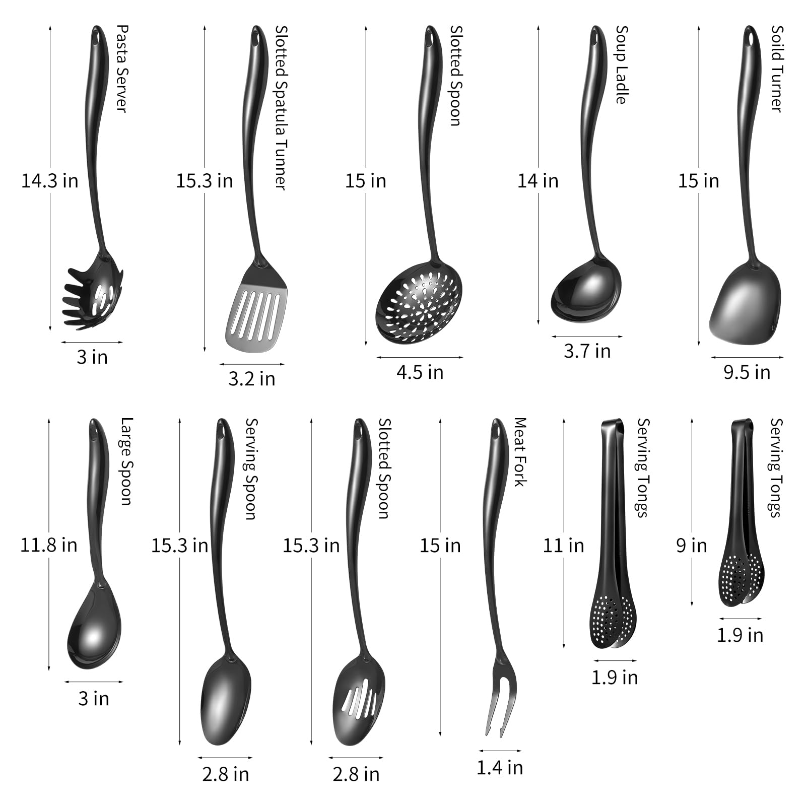Juego de utensilios de cocina de acero mate 304 Stainlss, 11 piezas de utensilios de cocina de metal largo con espátula, cucharón, cuchara, skimmer, tunner, servidor de pasta, pinzas (negro, apto para