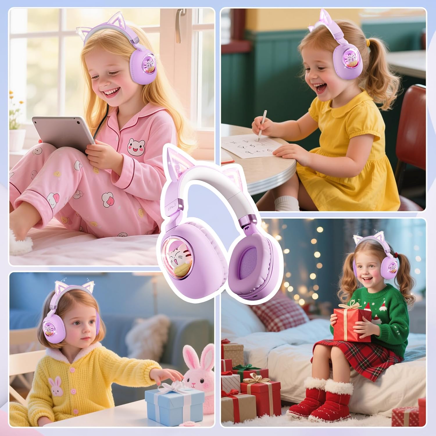 esonstyle Cat Ear Headphones for Kids - Bluetooth 5.4 On-Ear Noise Cancelling Headphones with Microphone 85dB Safe Volume Limit Wireless or 3.5mm Wired Mode USB C for School Learning Travel (Purple)