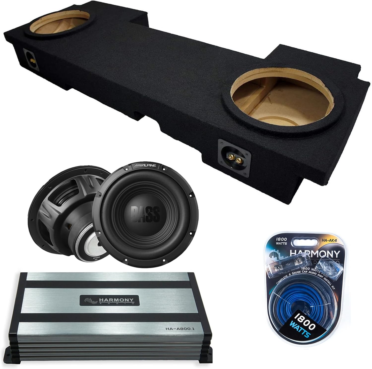 Harmony Audio Alpine Compatible with 2002-2013 Chevy Avalanche W10S4 Dual 10" Subwoofer 500W Loaded Sealed Sub Box Enclosure Bundle | HA-A800.1 800W Amplifier, 4GA Amp Wiring Kit