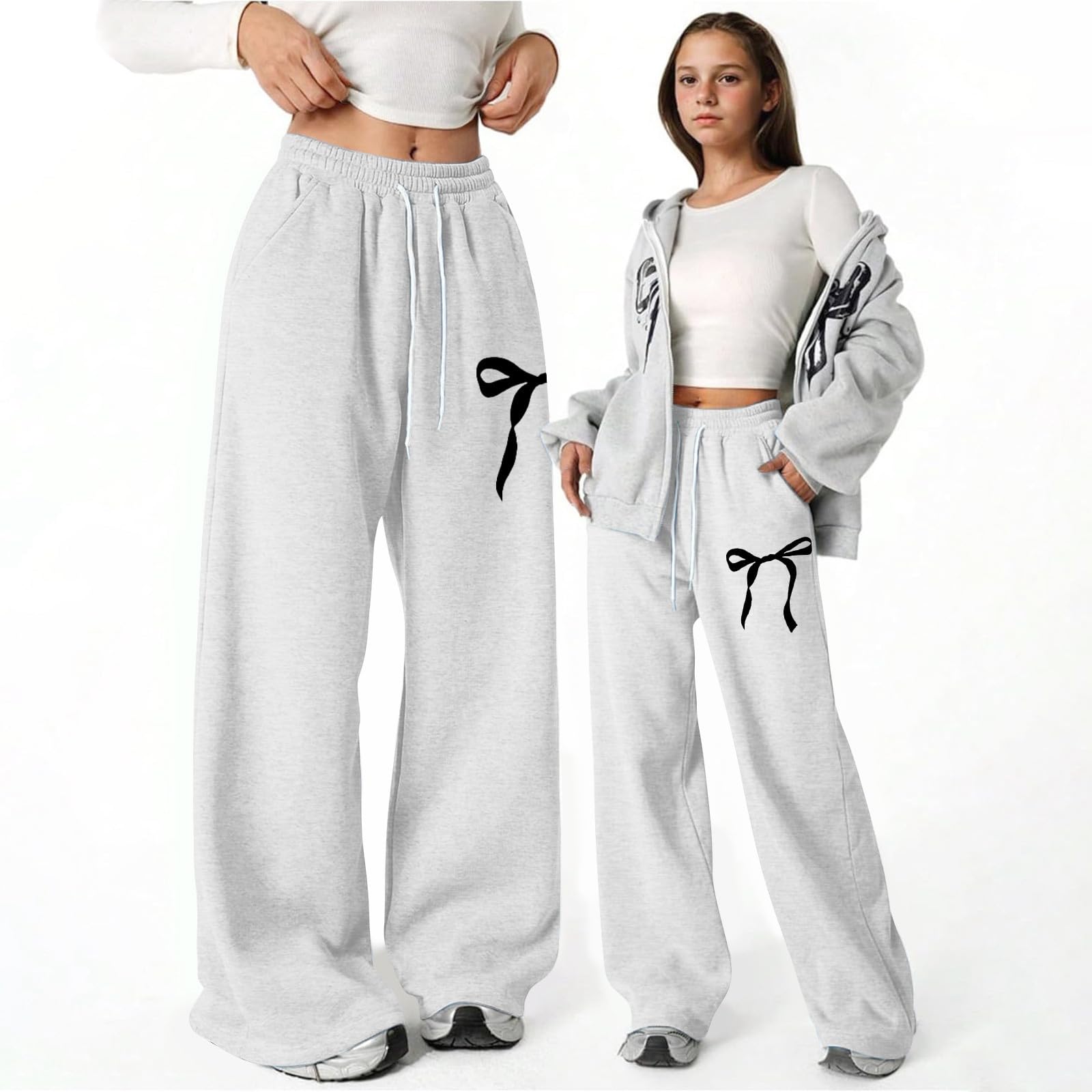 Generisch 2025 Baggy Pantalon de jogging avec nœud pour fille Pantalon de sport léger avec jambe droite et poches