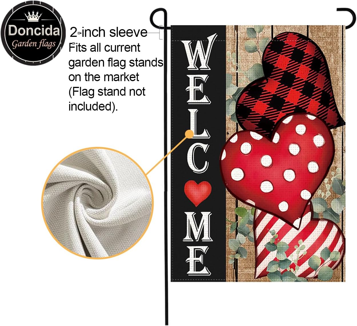 Doncida Valentines Day Welcome Garden Flag 12x18 Inch Double Sided Burlap Love Heart Rustic Anniversary Wedding Small Yard Flag for Outside Decoration - Image 3