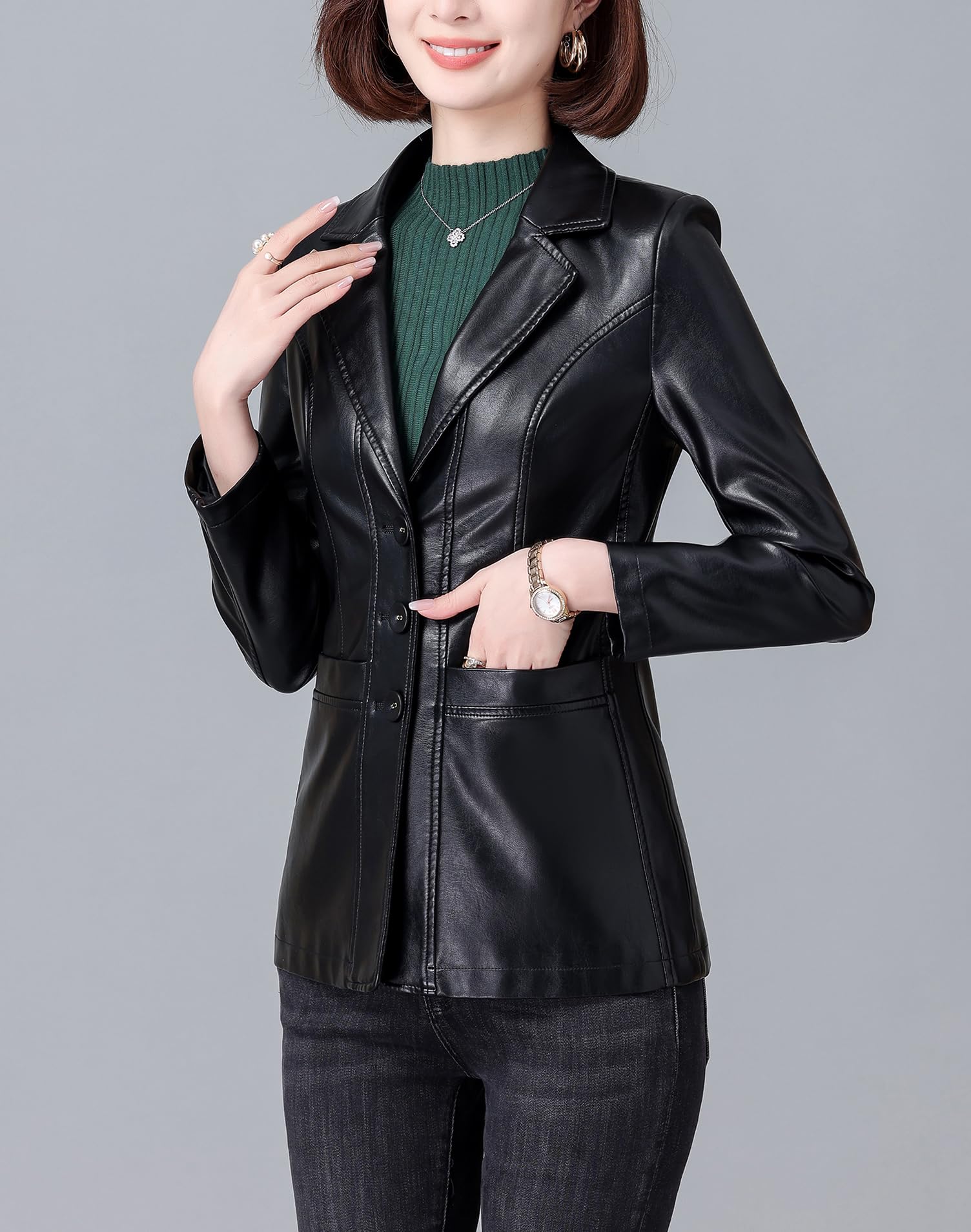 DISSA Blazer Ecopelle Donna Risvolto Vestibilità Slim
