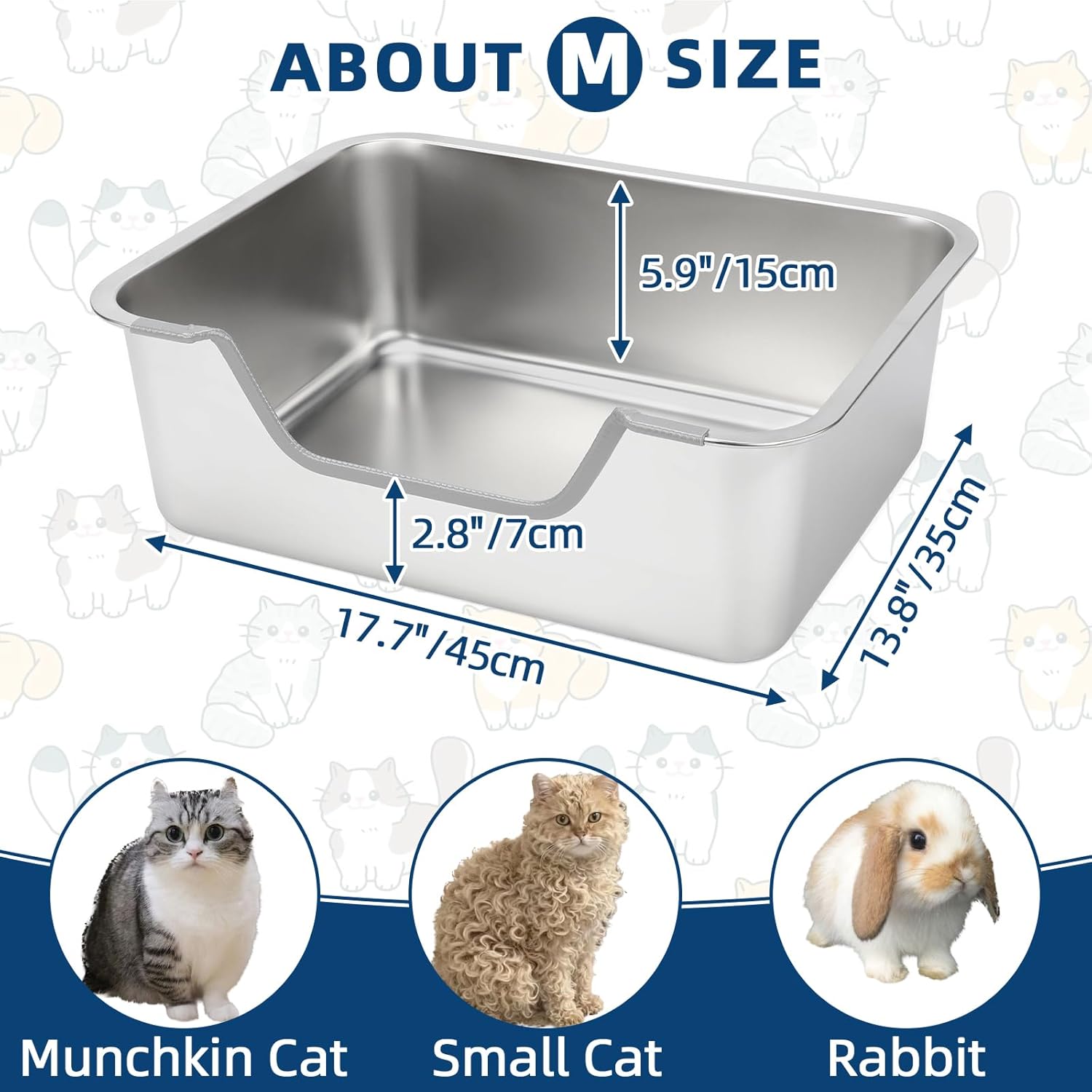FHTONGE Low Entry Stainless Steel Cat Litter Box, Splash-Proof Hight Wall Metal Kitty Litter Box Kitten Toilet for Senior Arthritis Spay Injured Cats, 17.7X 13.8 in