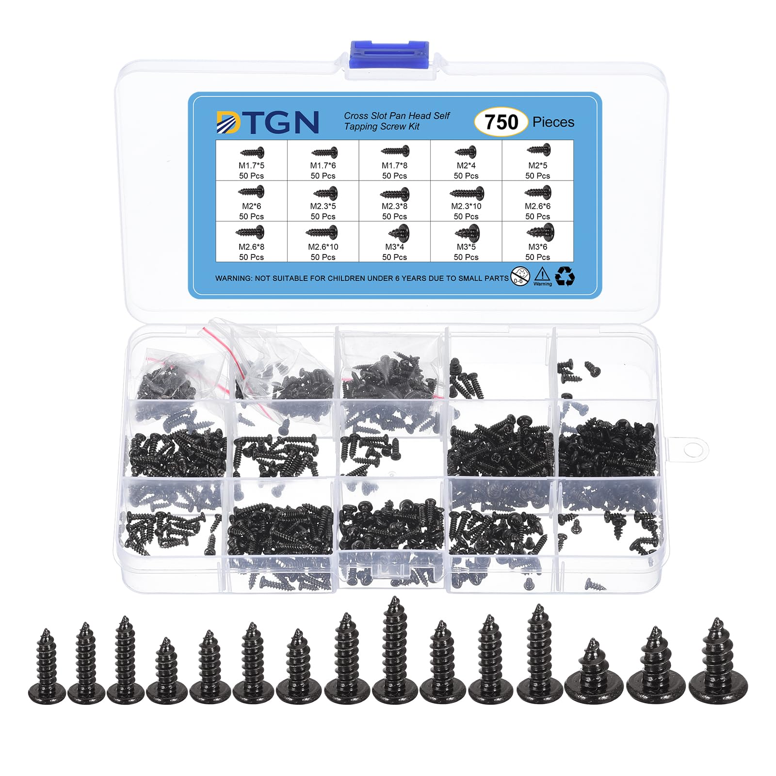 DTGN Mini Self-Tapping Screws Phillips Pan Head Screws for Laptop Computer Repair Assurance Kit,Carbon Steel Black,Size:M1.3x5 to M3x6 (750 Pcs)