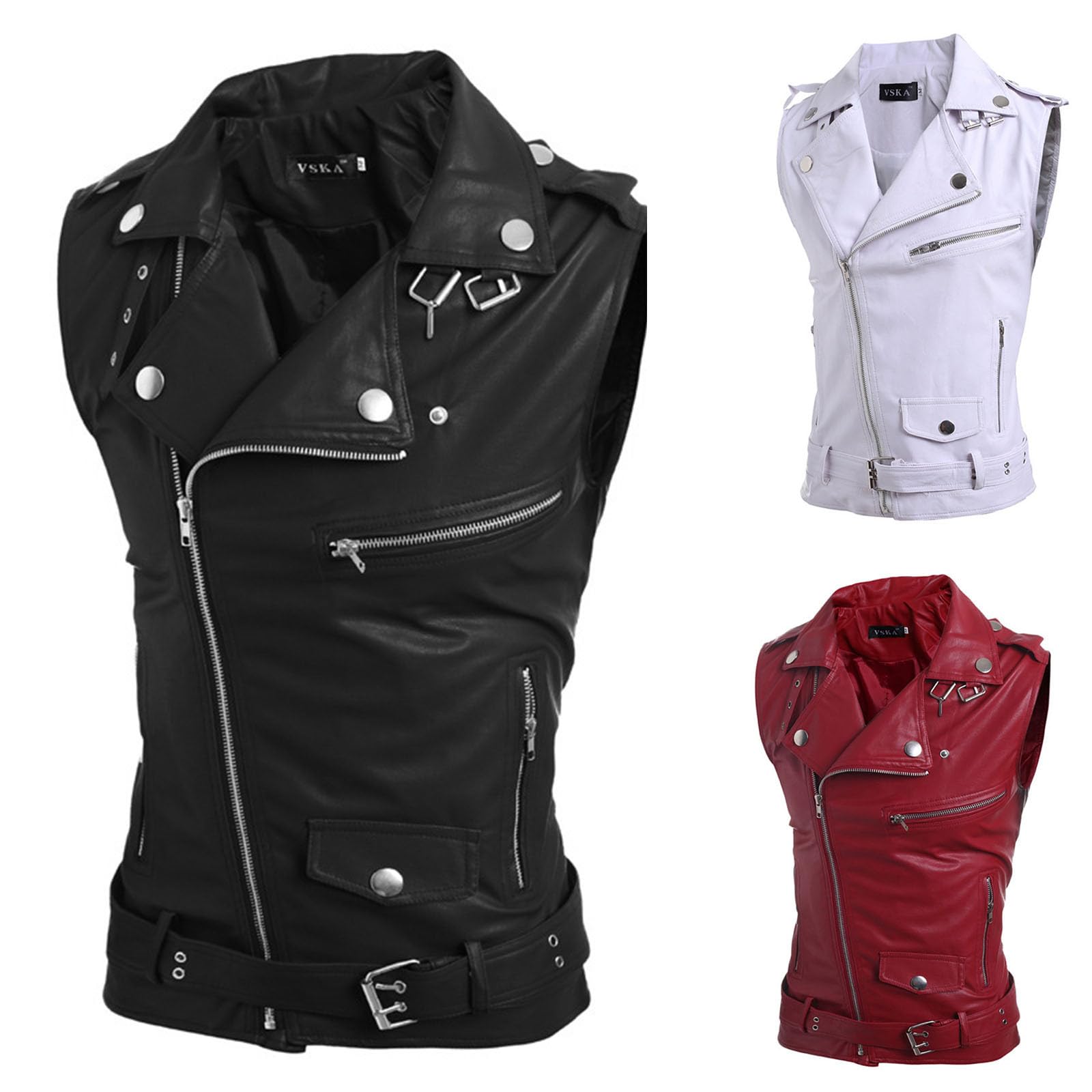 Chaleco de piel para hombre, con cremallera, de piel sintética, con cordones, para moto, equipo punk