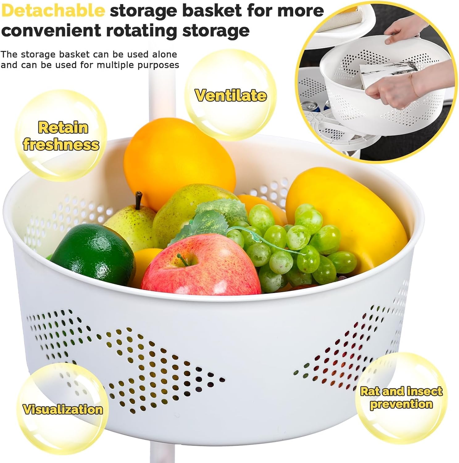 5 Tier Circular Rotating Basket, White Rotating Storage Rack with 360 Degree Wheels, Hollow Mesh & Heighten Guardrail Rotating Storage Shelf Cart, Rotatable Basket Cart for Kitchen Bathroom
