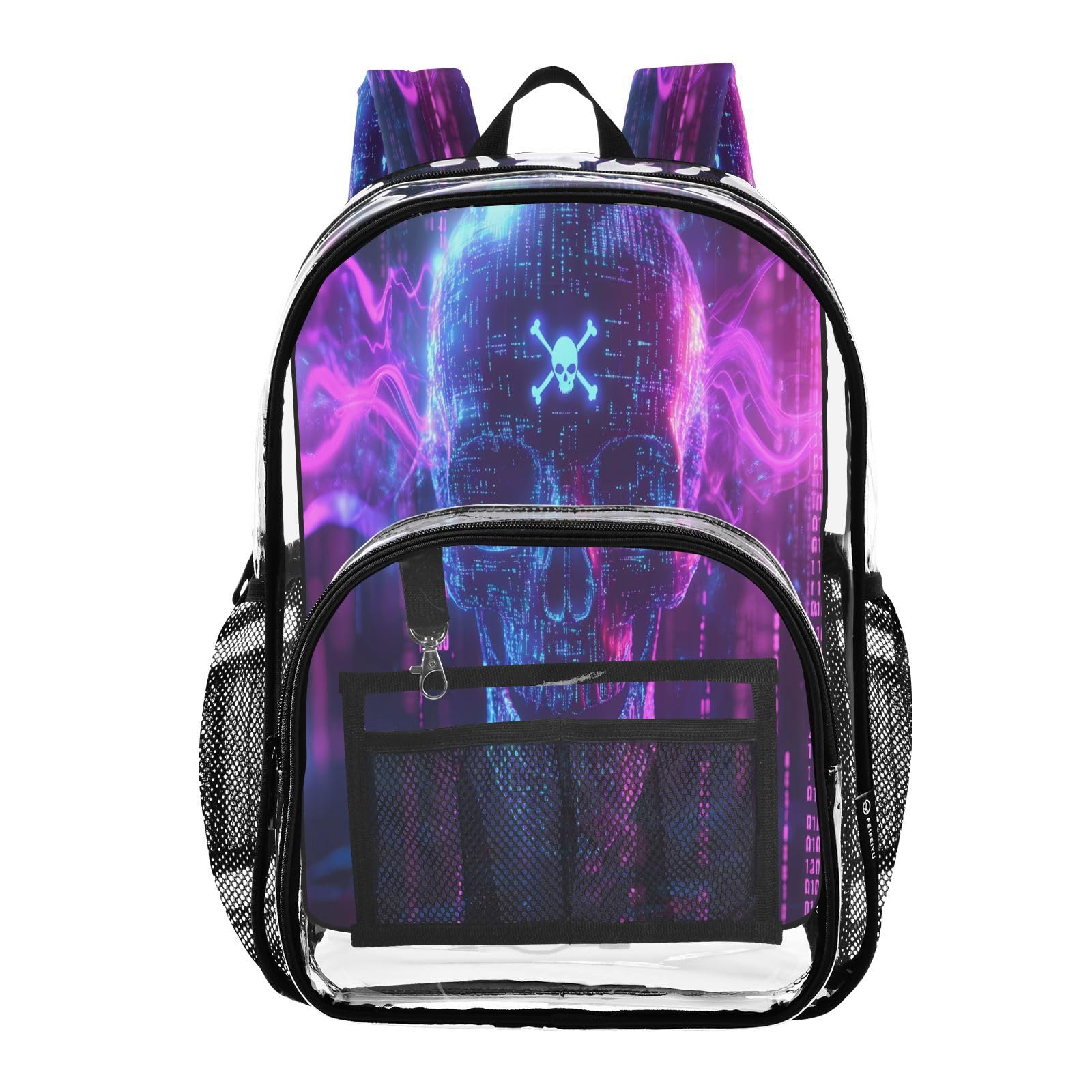 panksolu Purple Skull Skeleton Clear Backpack Women Men PVC Transparent Backpacks Heavy Duty See Clear Through School Bookbag Travel Bag Daypack for