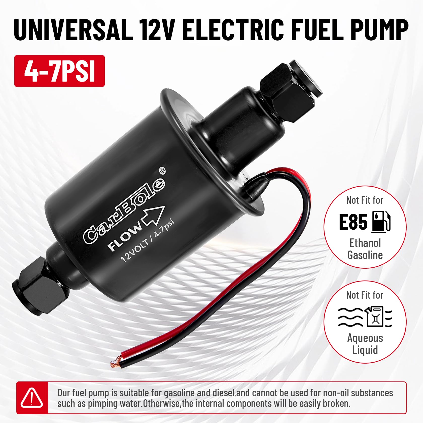 CarBole Elektryczna Pompa Paliwowa 4-7 PSI,Uniwersalna Pompa Benzynowa Pasuje do Oleju Napędowego i Benzyny z Zestawem Instalacyjnym,Drut z Czystej Miedzi,Rozmiar Wlotu i Wylotu 8 mm,Kompatybilna