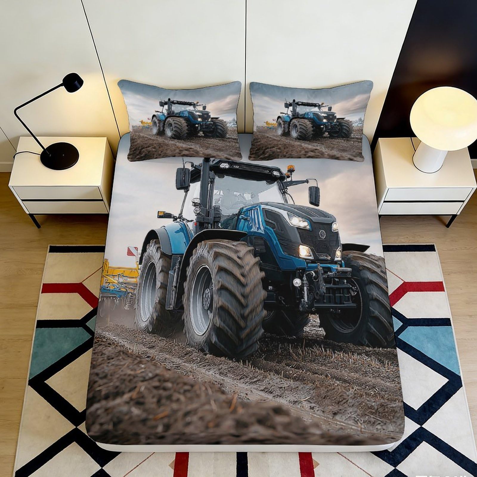 Jqzkxnhpbr Style-7 3D Printed Blue Tractor Fitted Sheet Microfiber Soft Anti-Slip Farm Vehicle Bed Cover For Bedroom Guest Room Decor 90X200x25cm