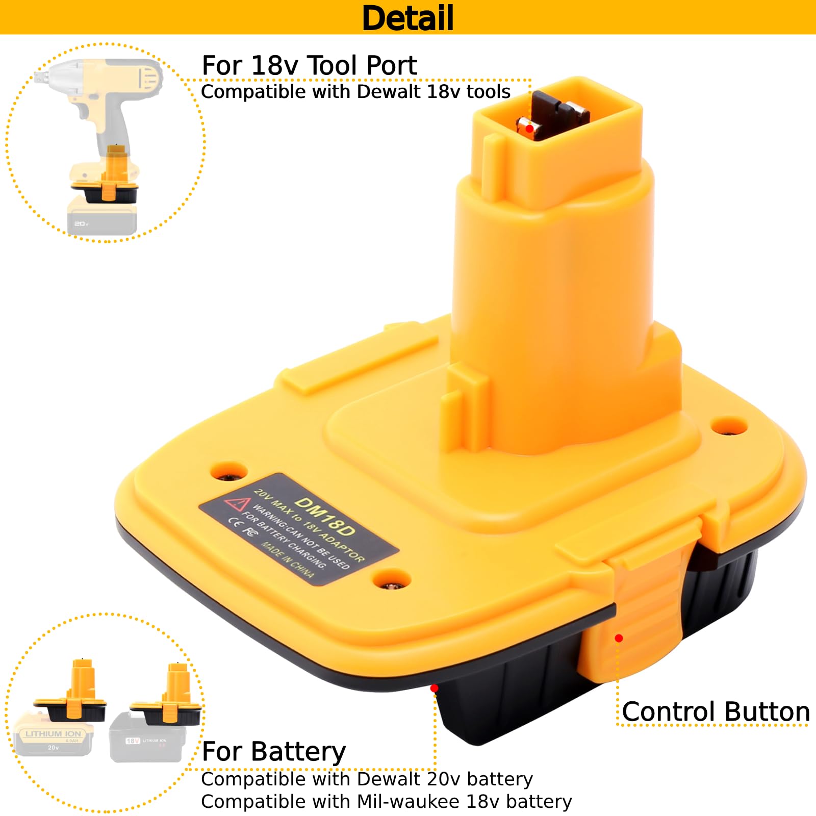 Tulepowceeng Paquete de 2 adaptadores de batería DM18D compatibles con herramientas Dewalt de 18 V, compatible con Dewalt de 20 V o compatible con batería Milwaukee M18 de iones de litio de 18 V para
