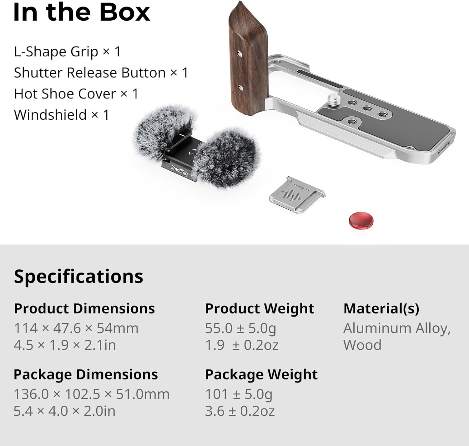 SMALLRIG X-M5 Wooden Handgrip L-Shape Grip for FUJIFILM X-M5, Built-in Quick Release Plate for Arca, Ergonomic Wood Side Handle, Include Windshield with Cold Shoe Adapter,Plate for Arca (Silver)-5261 - Image 9