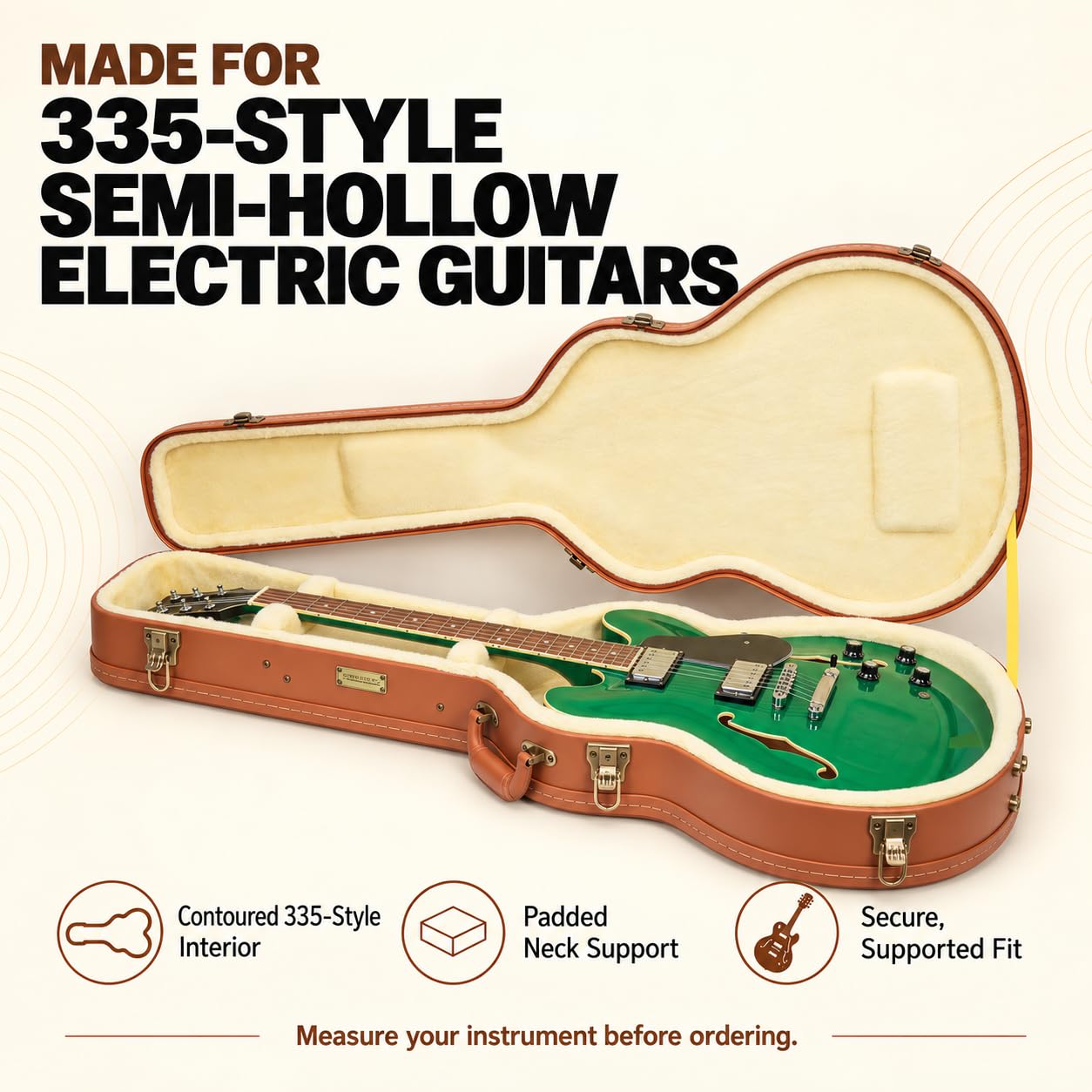 Crossrock Etui na gitarę Relief Series 335 do gitar elektrycznych ES-335 i półdrążonych gitar elektrycznych, rzeźbione wykończenie z czerwonego drewna, kość słoniowa, pluszowe wnętrze, zamek