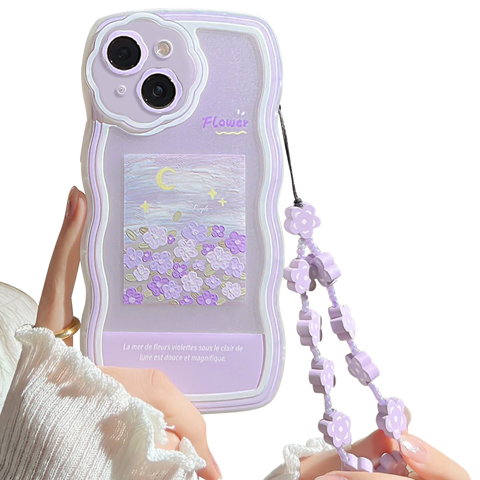 NITITOP Compatible for iPhone 14 Plus Case with Chain Oil Painting Purple Flower Lovely Flower Bracelet Wrist-Band for Women Girls, Soft TPU Shockproof Cover-Oil Flower