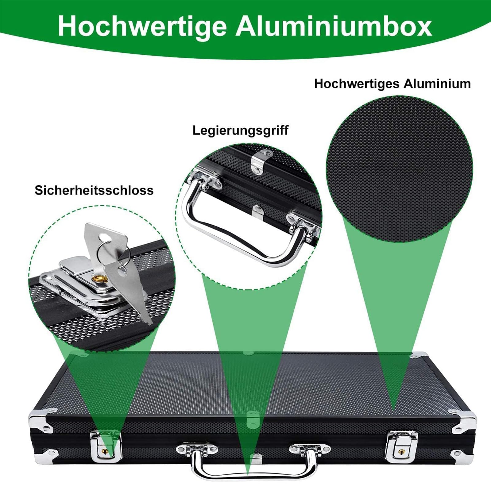 Aufun Pokerkoffer 500 Chips Laser Pokerchips 12 Gramm Metallkern, inkl. 2X Pokerdecks, 5X Würfel, Dealer Button, Big Blind, Little Blind, Poker-Set mit Schwarz Aluminium Gehäuse mit 2 Schlüssel