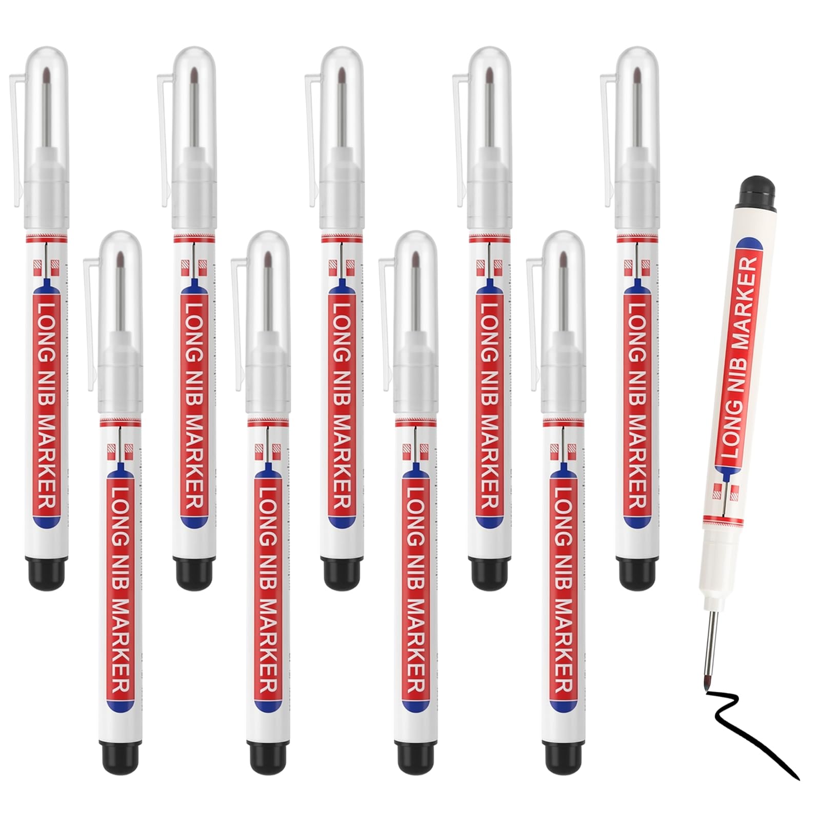 GCNWW 10Pcs Long Fine Tip Permanent Marker Pens Black,Waterproof Quick Dry Oil-Based Black Marker Pen for Metal Wood Glass and Tile Ideal for Construction DIY and Deep-Hole Marking