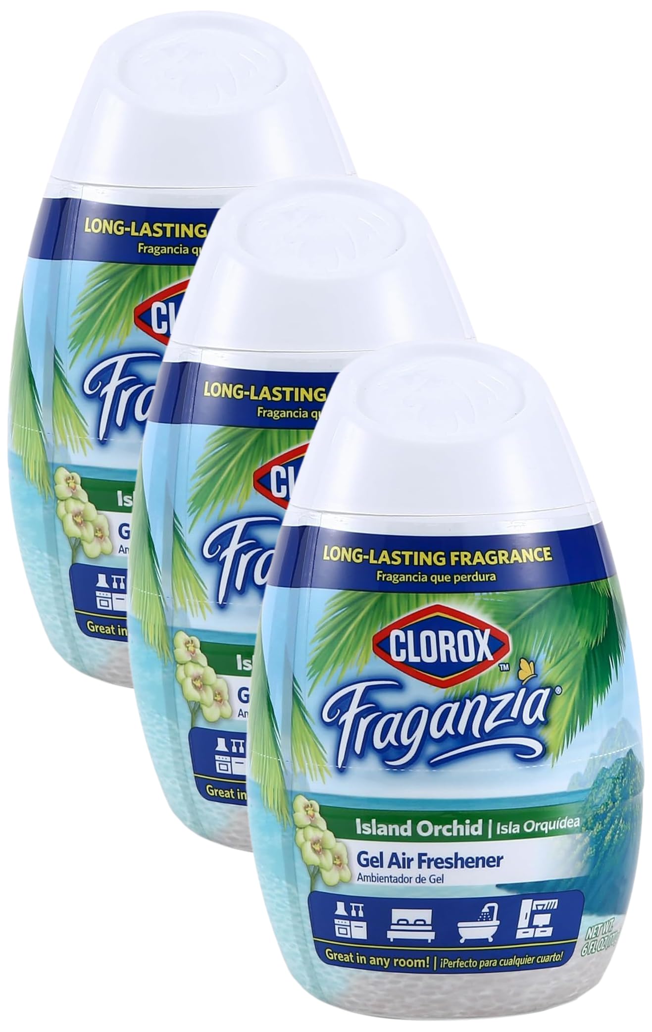 Ambientador en gel Clorox Fraganzia en cono con aroma a orquídea isleña, 177 ml | Ambientador sin enchufe ni pilas para habitaciones pequeñas, armarios, cocinas, baños, oficinas y más (paquete de 3)