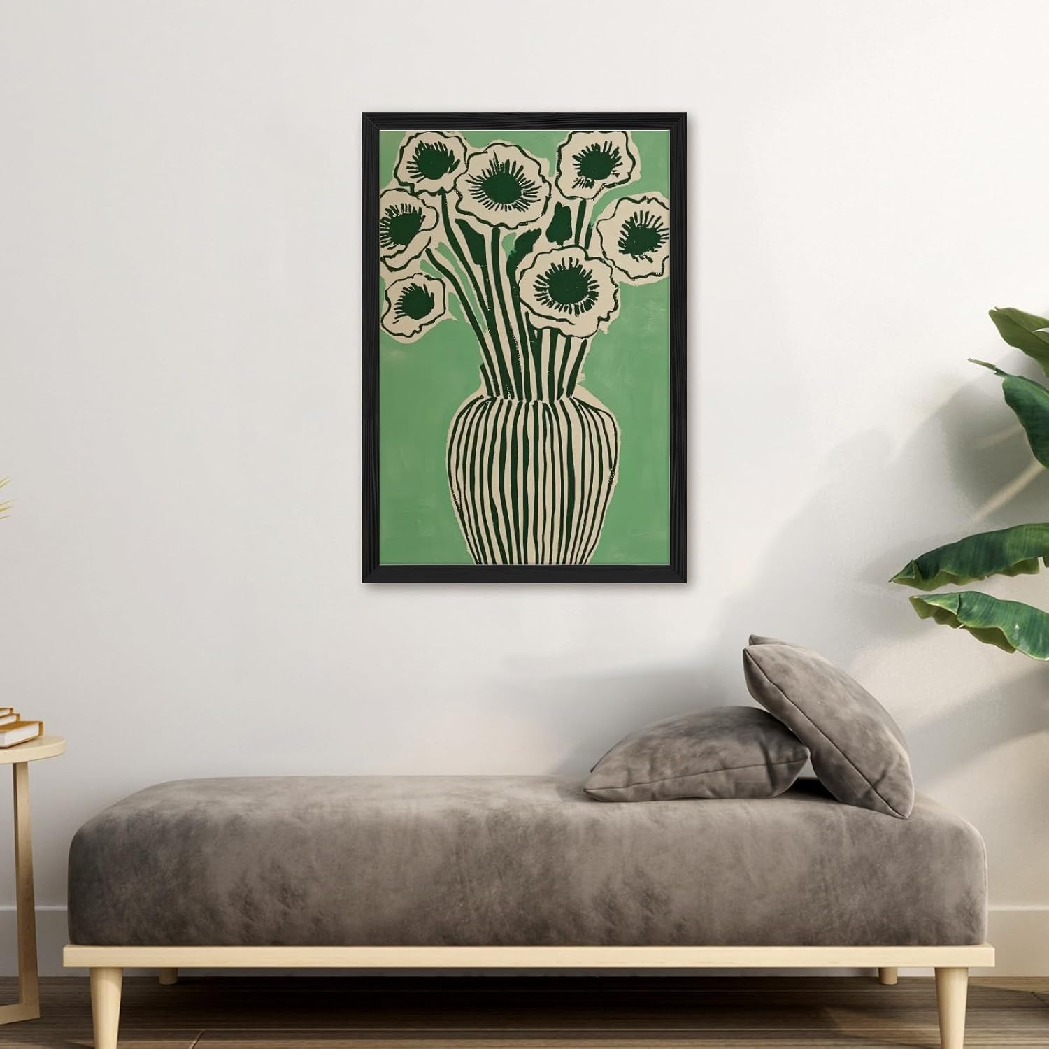 Abstract Flower Canvas Wall Art Green Floral Art Poster Bouquet in Vase Painting Minimalist Botanical Prints Vintage Home Picture Decor for Living Room Bedroom Kitchen 12x18inch Black pvc frame