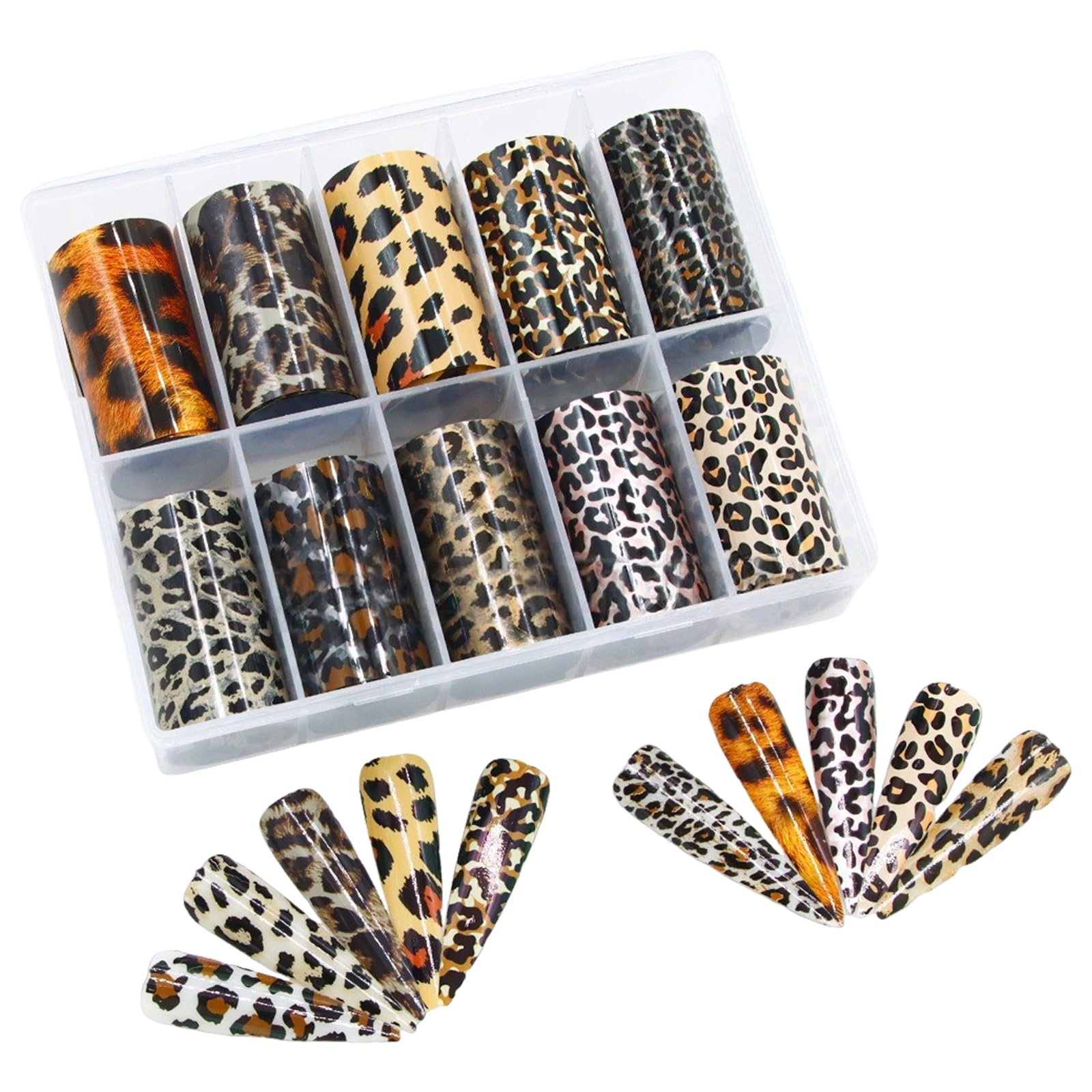 Foil Unghie Leopardato 10 Rotoli, Pellicola Trasferimento Unghie Animalier 4x100cm, Kit Decorazioni Nail Art per Manicure Fai da Te e Salone Professionale, Box Adesivi Unghie