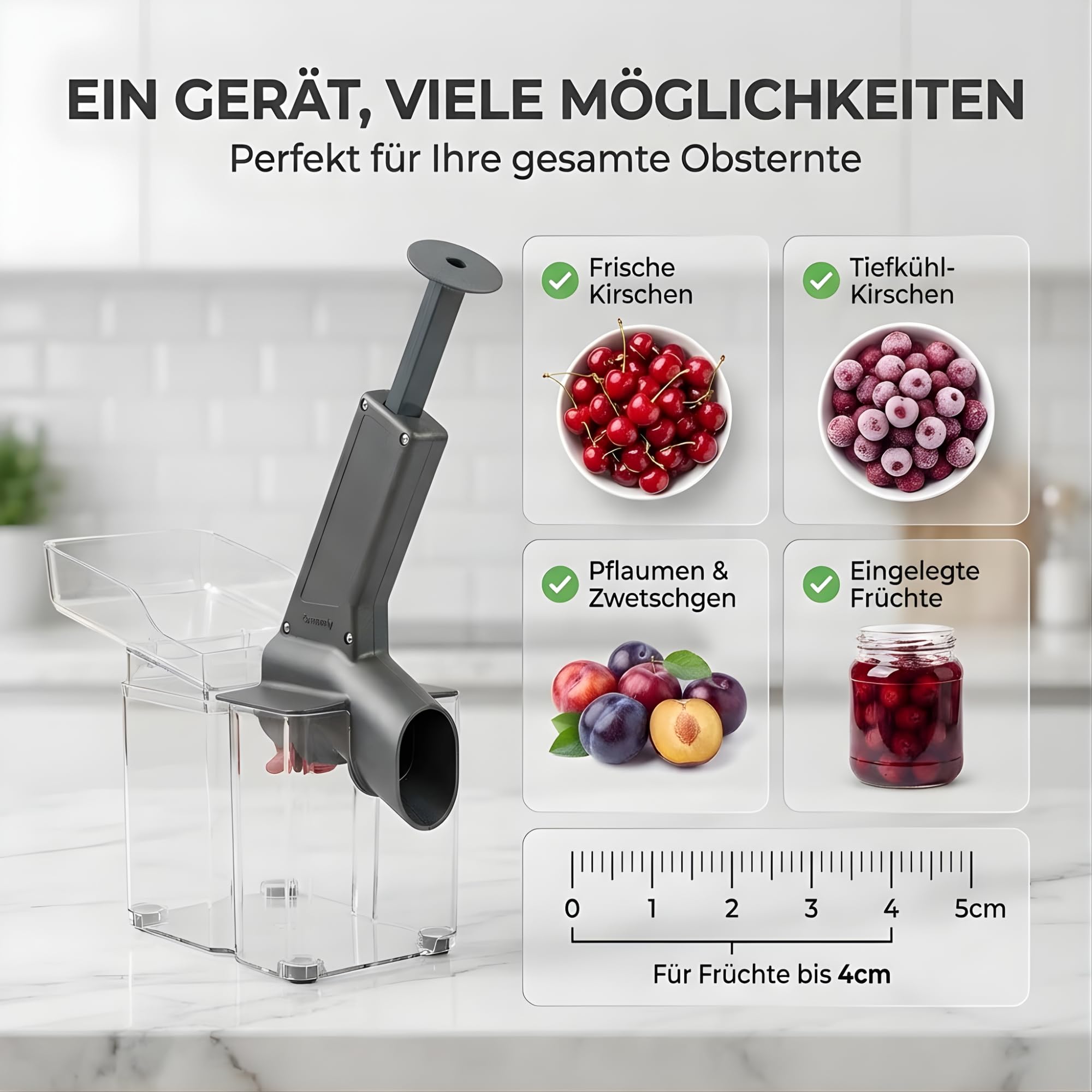 Thiru Premium Kirschentkerner (inkl. Verschleißteil) - hohe Entkernleistung - 100 Tage testen - frische, konservierte, tiefgekühlte Kirschen - mit Spritzschutz - inkl. 25 Rezepte - Made in Germany
