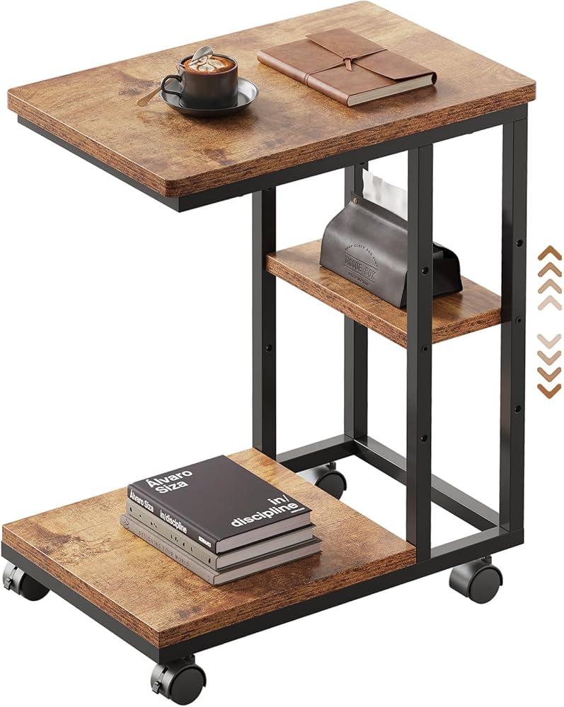 サイドテーブル 茶 シックなつくり コの字 キャスター付き サイドテーブル 茶 シックなつくり コの字 キャスター付き