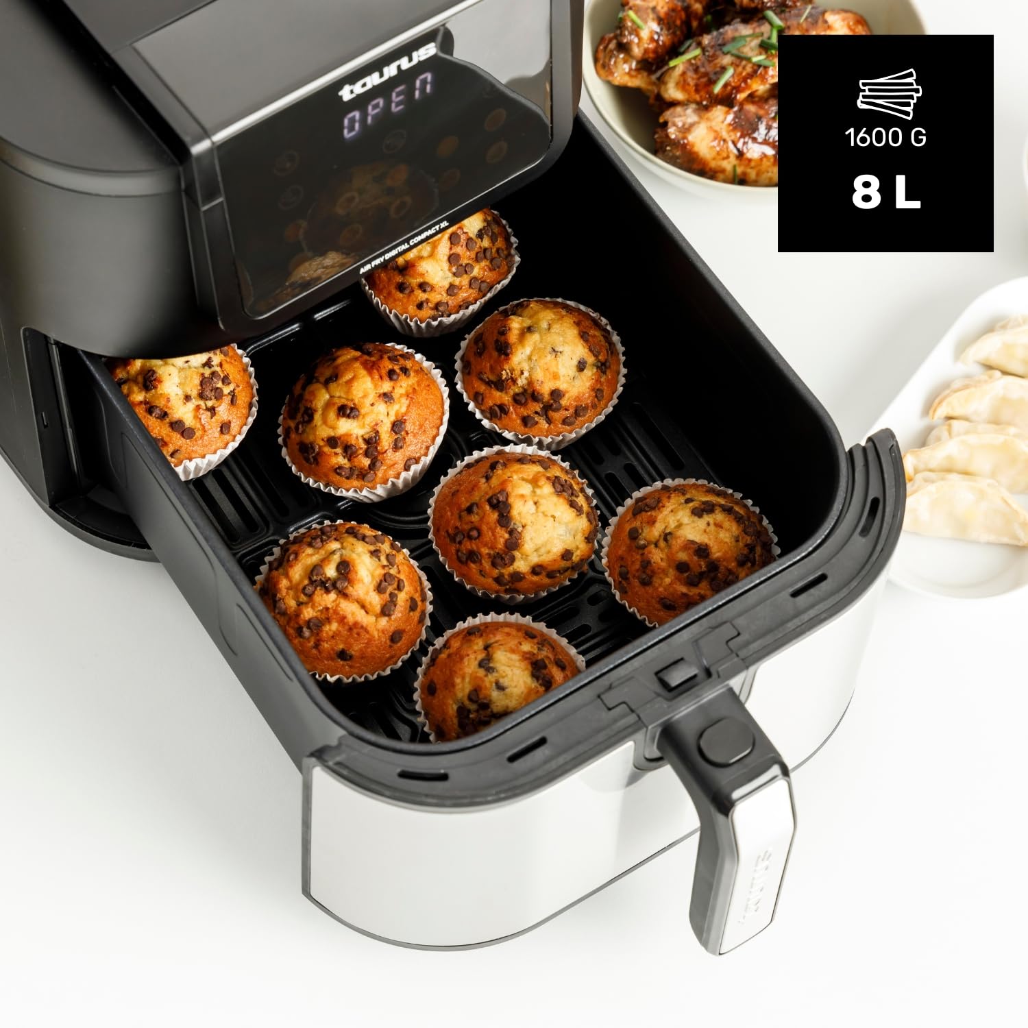 Taurus – Freidora aire Air Fry Digital Compact XL | 1700W | 8L | 8 Programas | Pantalla táctil | Avisador Acústico | Cocción Uniforme | Libre BPA y PFOA | Asa toque frío | Recetario online