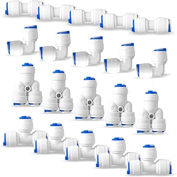 Ronaqua Quick Connect Push in Fittings to fasten 1/4 OD Water Tubing for Reverse Osmosis Systems and Water Filters Set of 20 Type L+T+Y+I Combo