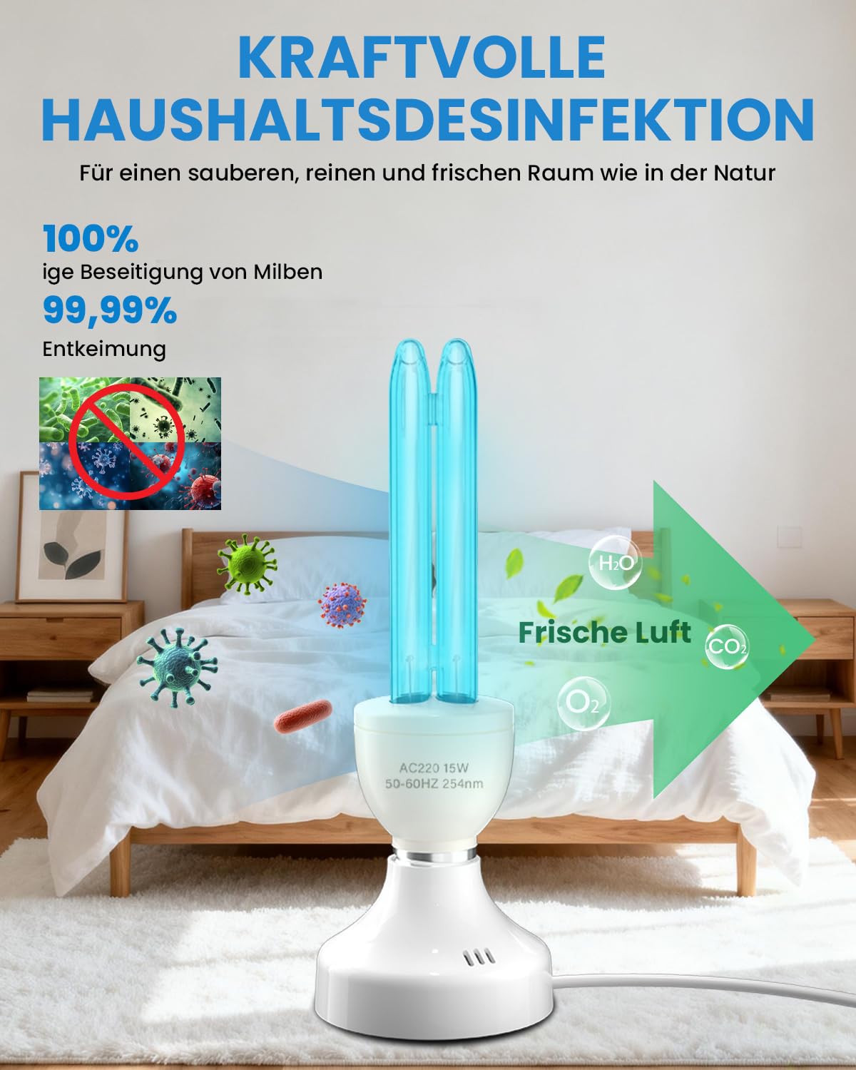 15W Lampe Desinfektion Ozon Licht mit Fernbedienung Timer Keimtötende Lampe Duale Sterilisation und Desinfektion AC220-240V Perfekt für Küche, Schlafzimmer, Wohnzimmer, Beseitigt Keime