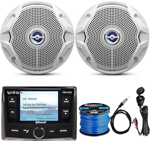 Infinity AM/FM/WB Tuner AUX USB Bluetooth Marine Digital Media Receiver Bundle con 2X 6.5 180W Peak Power Dual Cone Boat Altavoz estéreo (blanco),