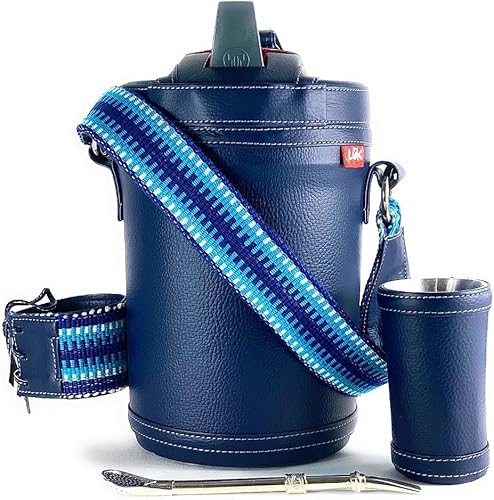 Kit Yerba Mate Tereré Luk Termos, Artesanía Paraguaya Azul Marino Faja | Set Tereré Termo + Bombilla + Vaso guampa