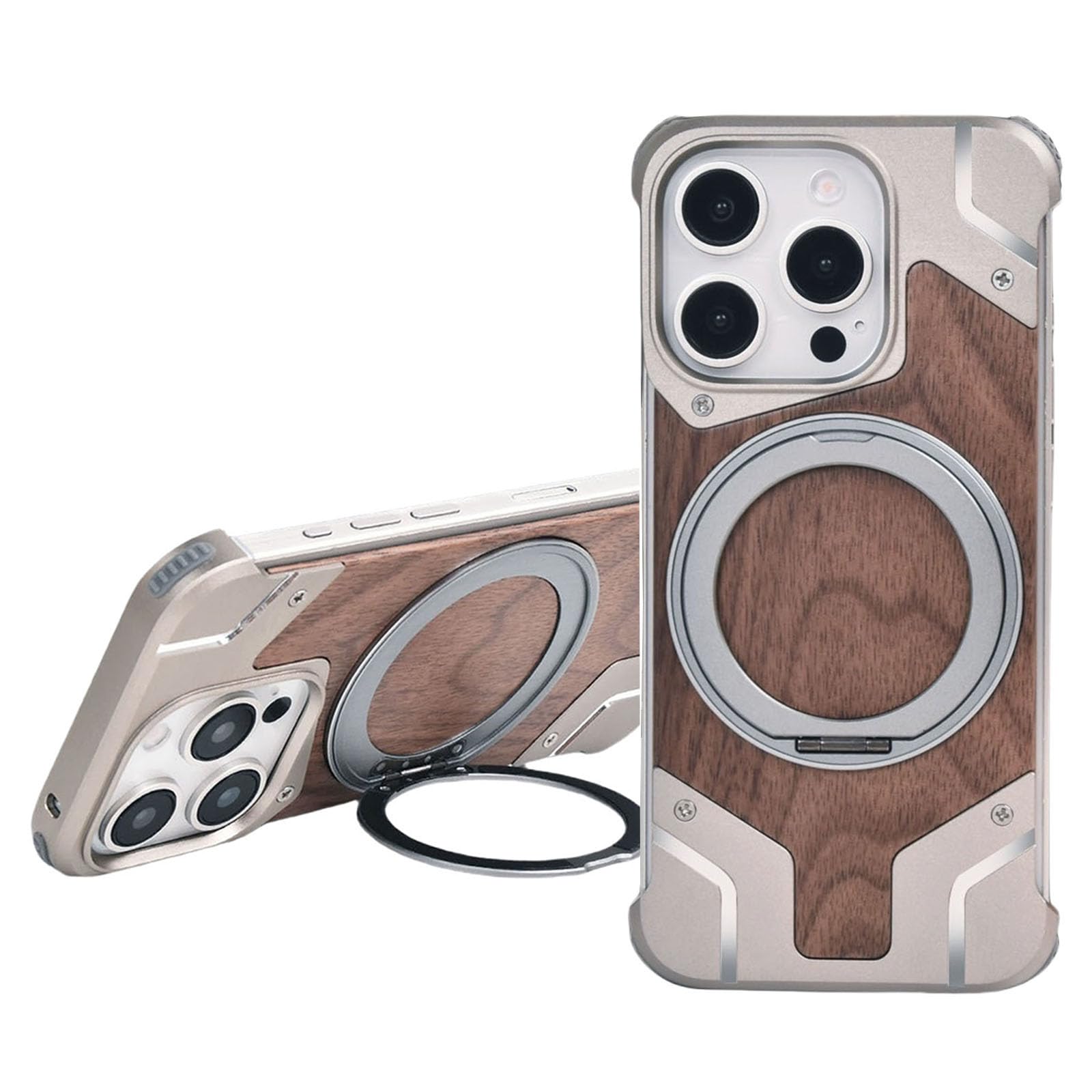 Coque en bois iPhone 16 Pro Max anti-rayures avec béquille stable rétractable - 8