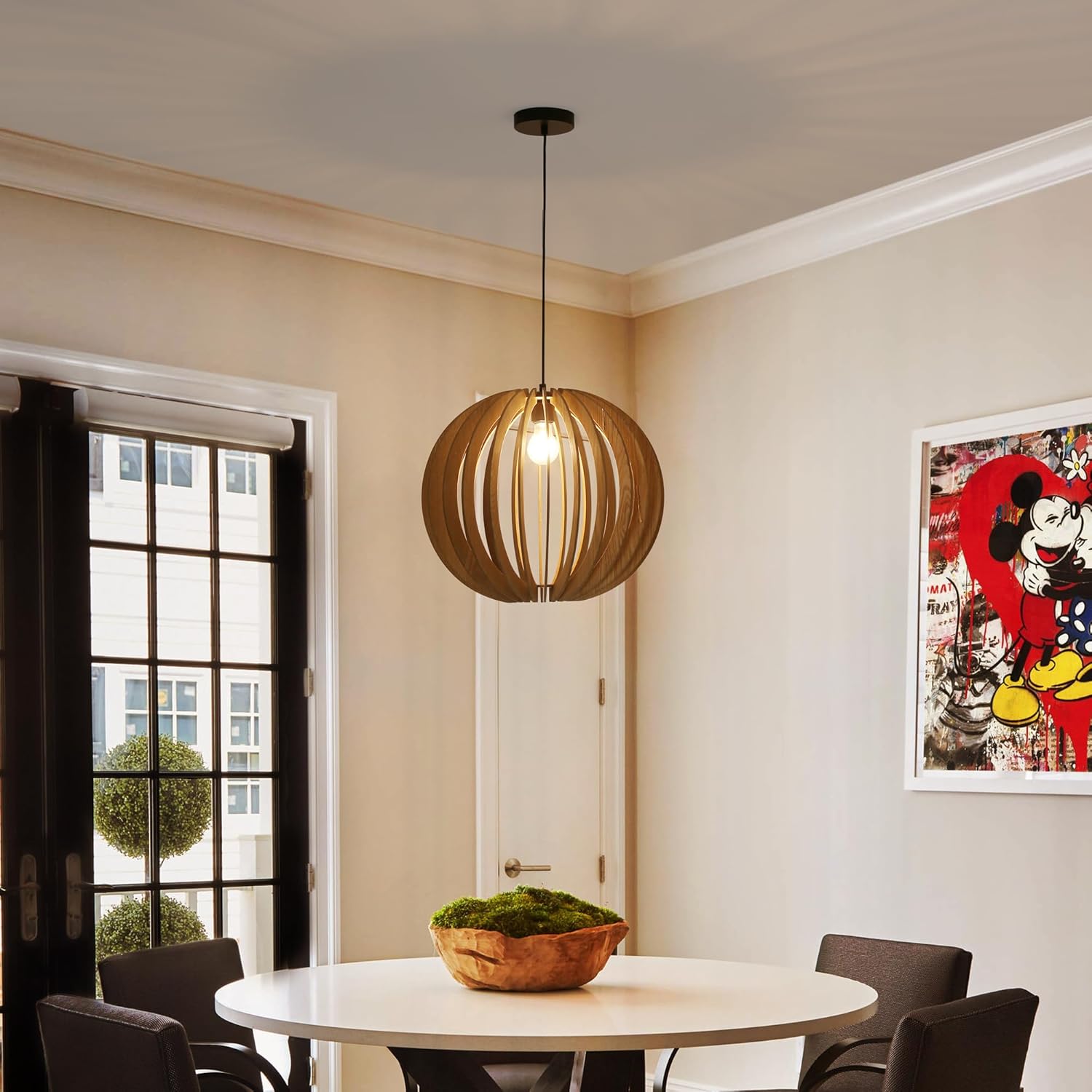 Vintage Wood Pendant Light Fixtures, Modern Farmhouse Walnut Dining Room Chandelier, Mid-Century Ceiling Mount Hanging Light Fixture for Kitchen, Bedroom, Living Room, Foyer, Art Decor, Black