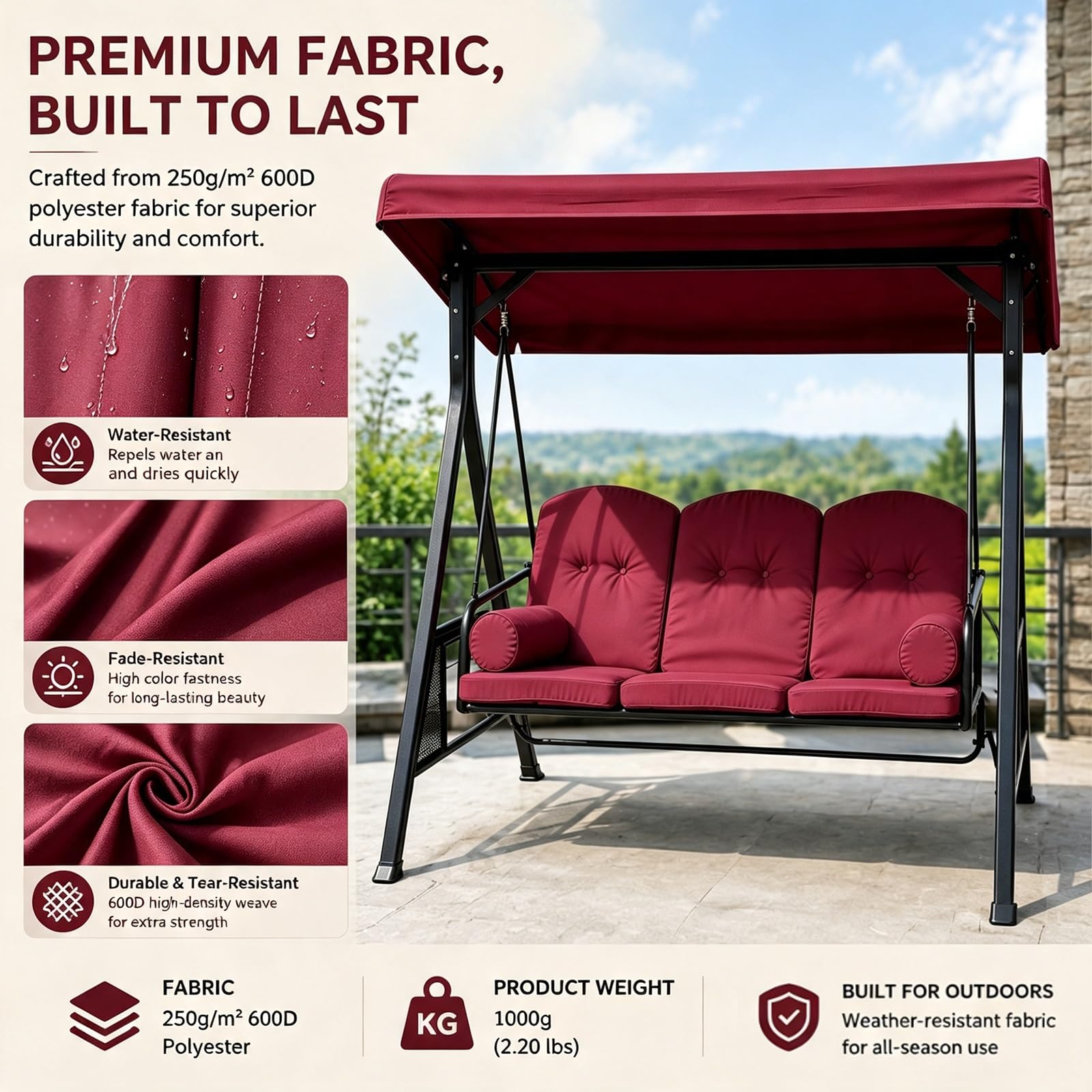 Copertura Dondolo 3 Posti Tettuccio Ricambio Impermeabile da Giardino | Tessuto poliestere 600D 250g/m², resistente ai raggi solari, facile da pulire, per prato e giardino(Red,198*125*21*16cm)