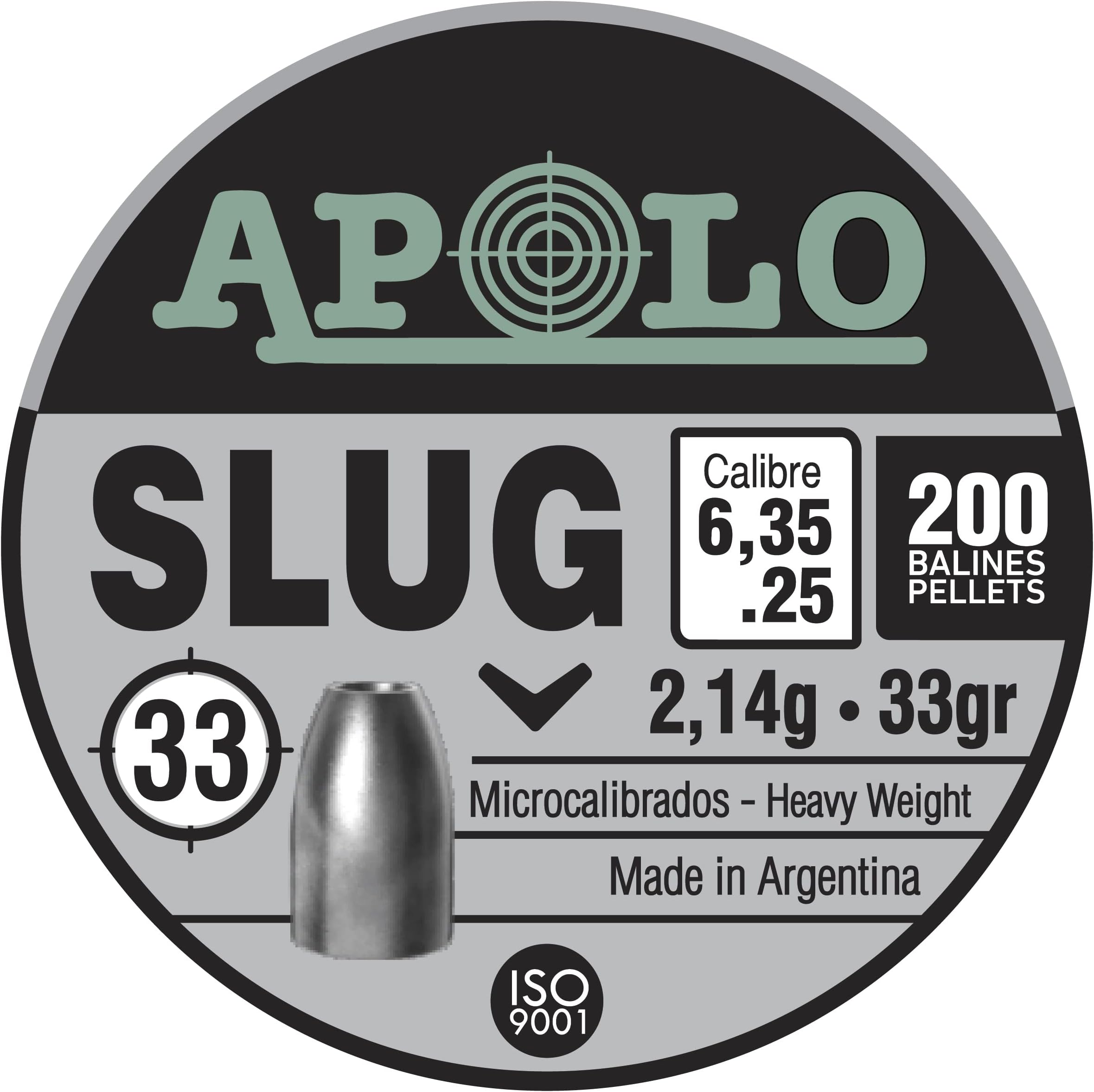 Apolo Slug Airgun Pellets, 6.35mm, 25 Caliber, 33 Grains, E19303 Silver