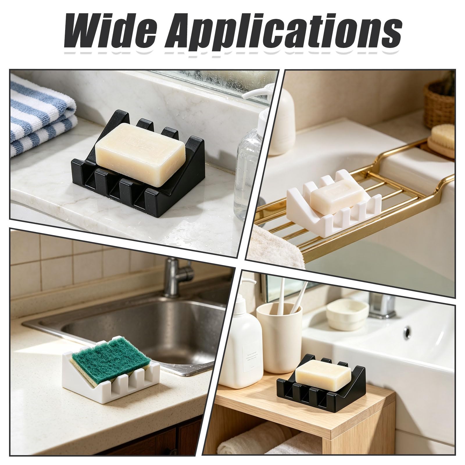 Portasapone autoportante in silicone (2 pezzi, nero e bianco) con fessure di ventilazione per bagno, cucina, doccia, circa 70 x 96 x 40 mm