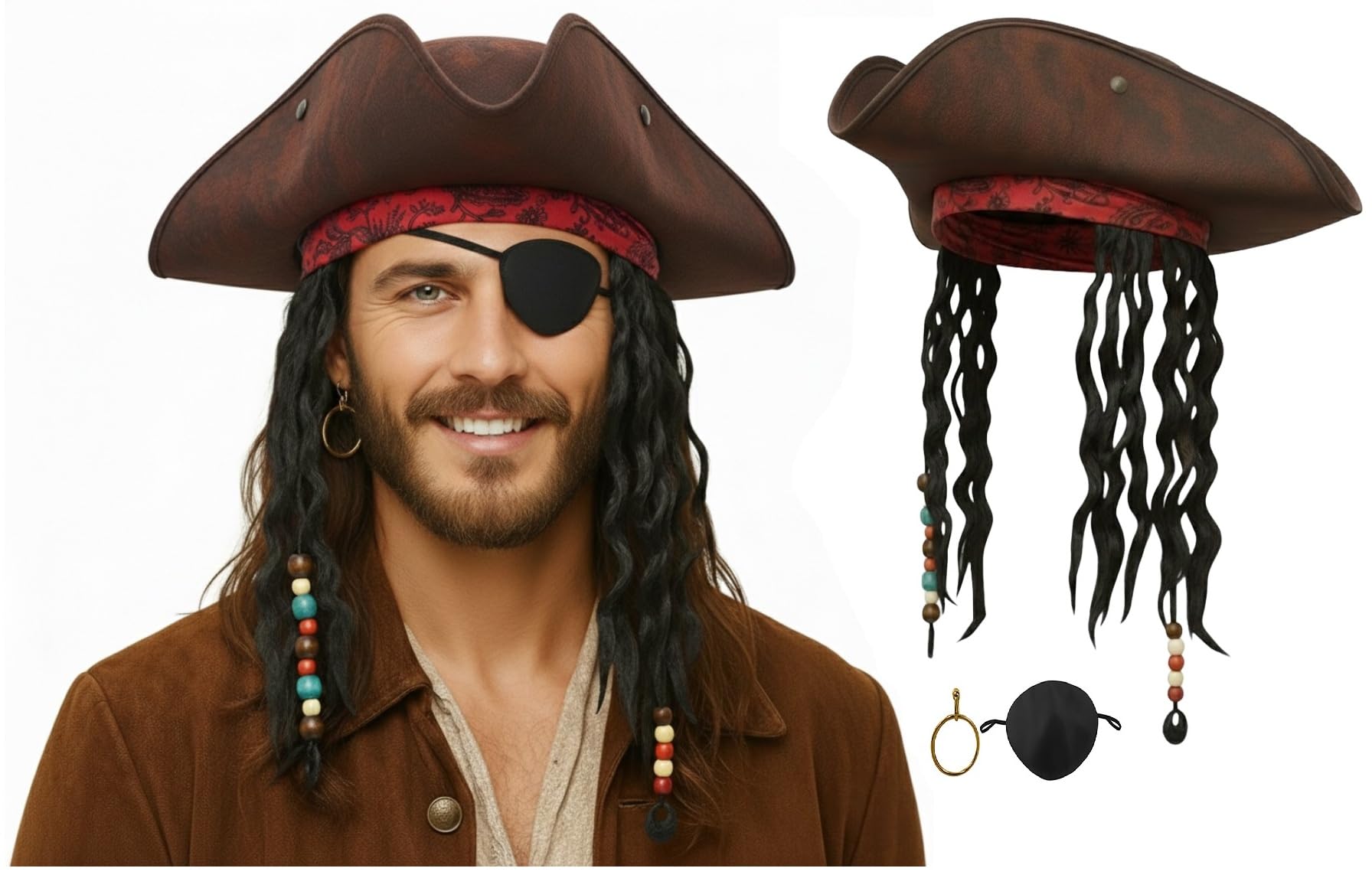 Nicky Bigs Novelties Pirate Hat Men, Tricorn Hat With Dreadlock Wig, Pirate’s Wig, Adult Pirate’s Accessories Men, Pirate Costume Accessories With Eyepatch and Gold Earrings