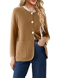 Womens Crew Neck Button Down Cardigan Sweaters Blazer Casual Long Sleeve Knit Solid Sweater with Pockets