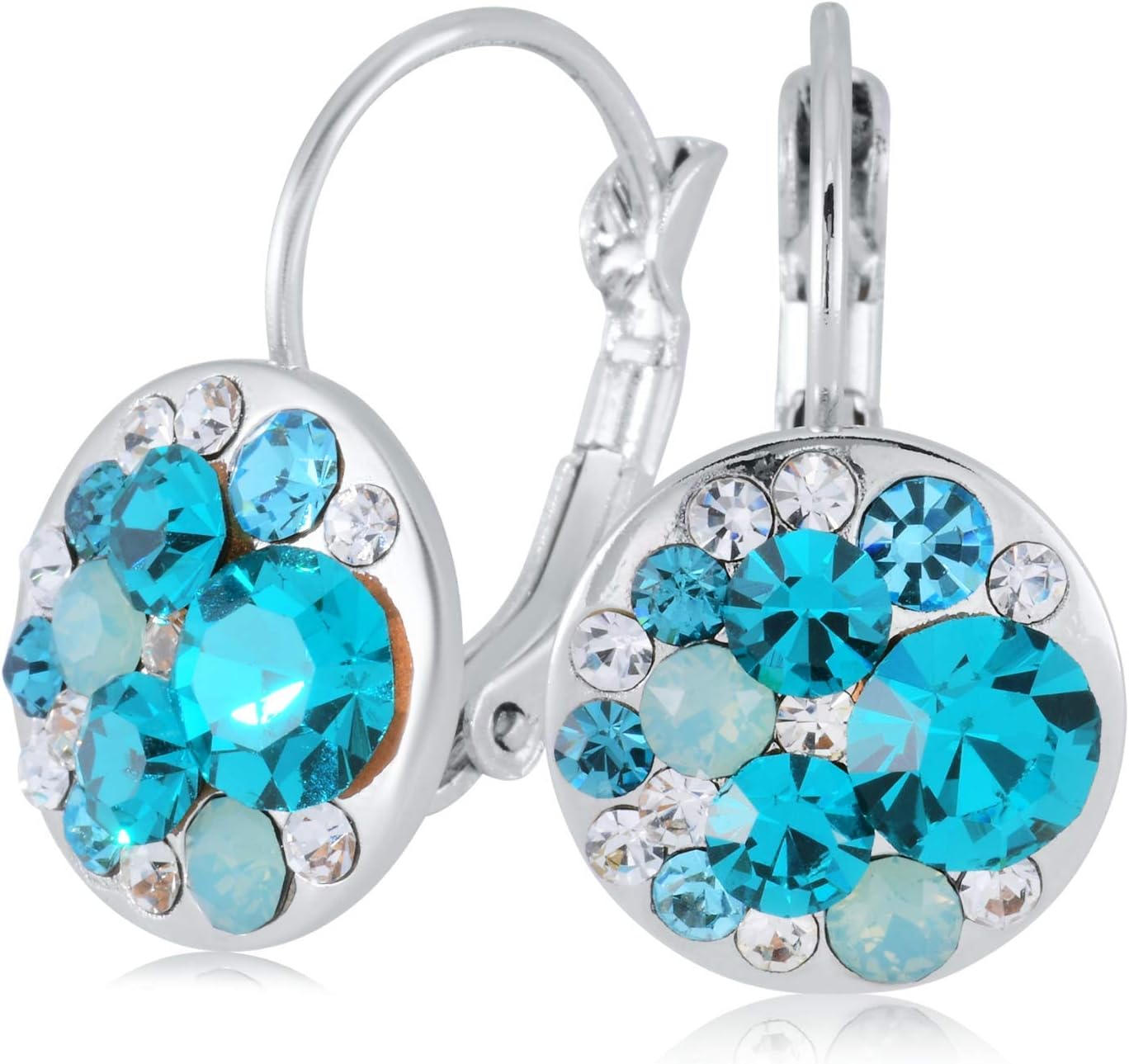 Women's Round Multicolor Austrian Crystals Leverback Dangle Hoop Earrings Rose Gold Plated, Choose Colors