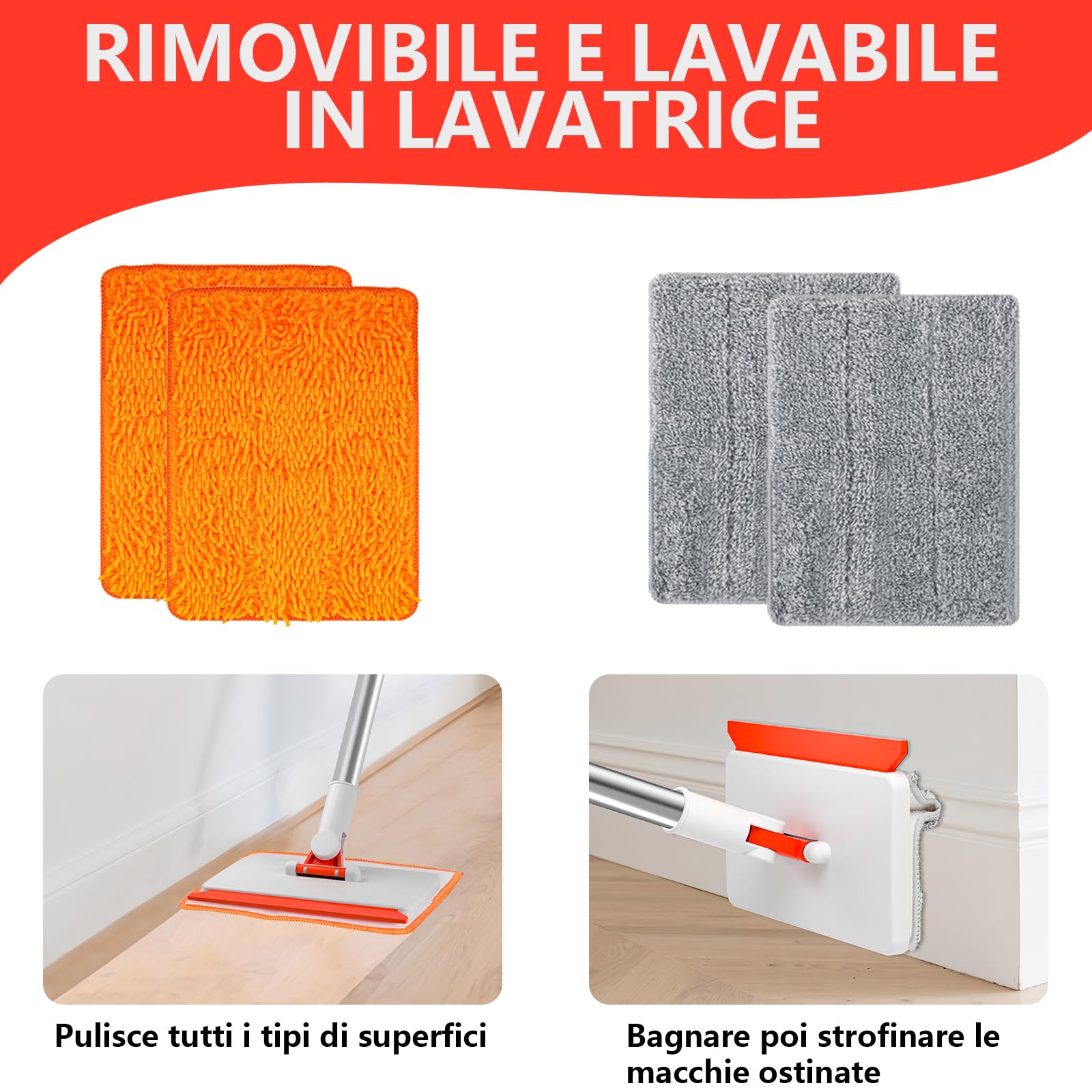 Mocio Pulisci Pavimenti per Battiscopa Legno e Piastrelle con Manico Lungo 147 cm - Per Battiscopa, Soffitti, Piastrelle e Finestre