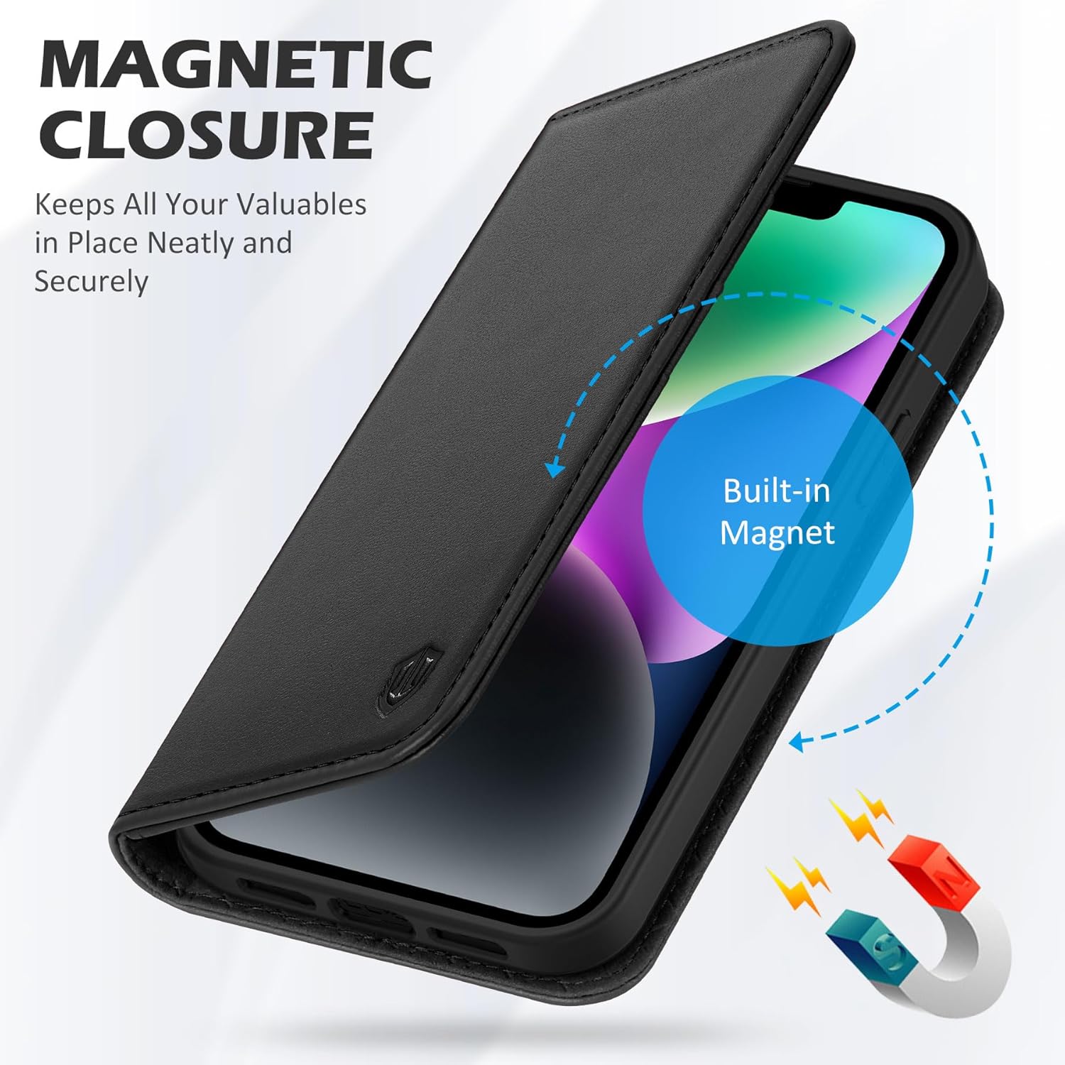 SHIELDON Case for iPhone 14 6.1", Genuine Leather Wallet Folio Case [Magnetic Closure] [RFID Blocking Card Slots] [Kickstand] Full Protection Cover Compatible with iPhone 14 2022 - Black - Image 7